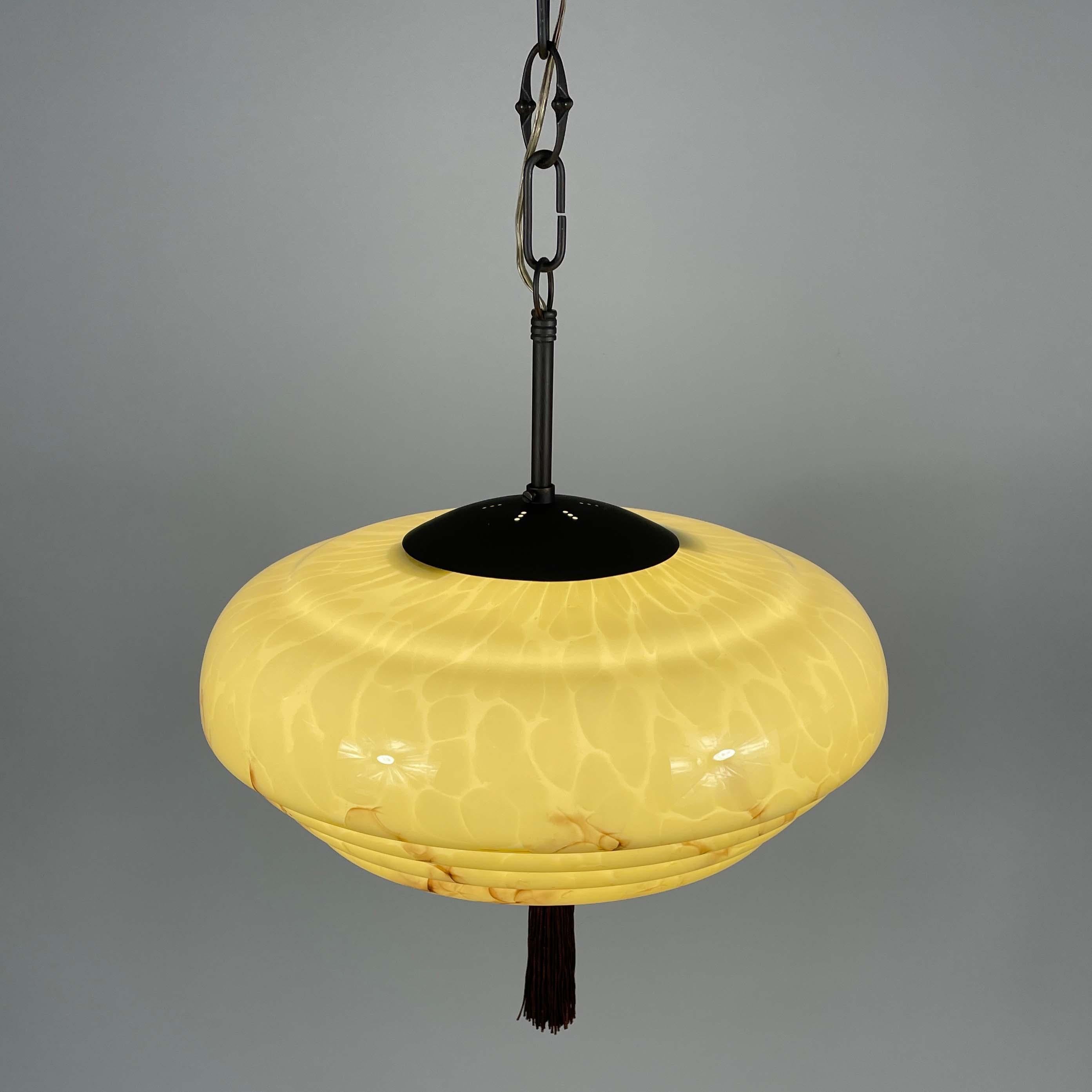 Art Deco Marbled Cream Opaline & Bronze Pendant with Tassel, Germany 1920s 1930s For Sale 1