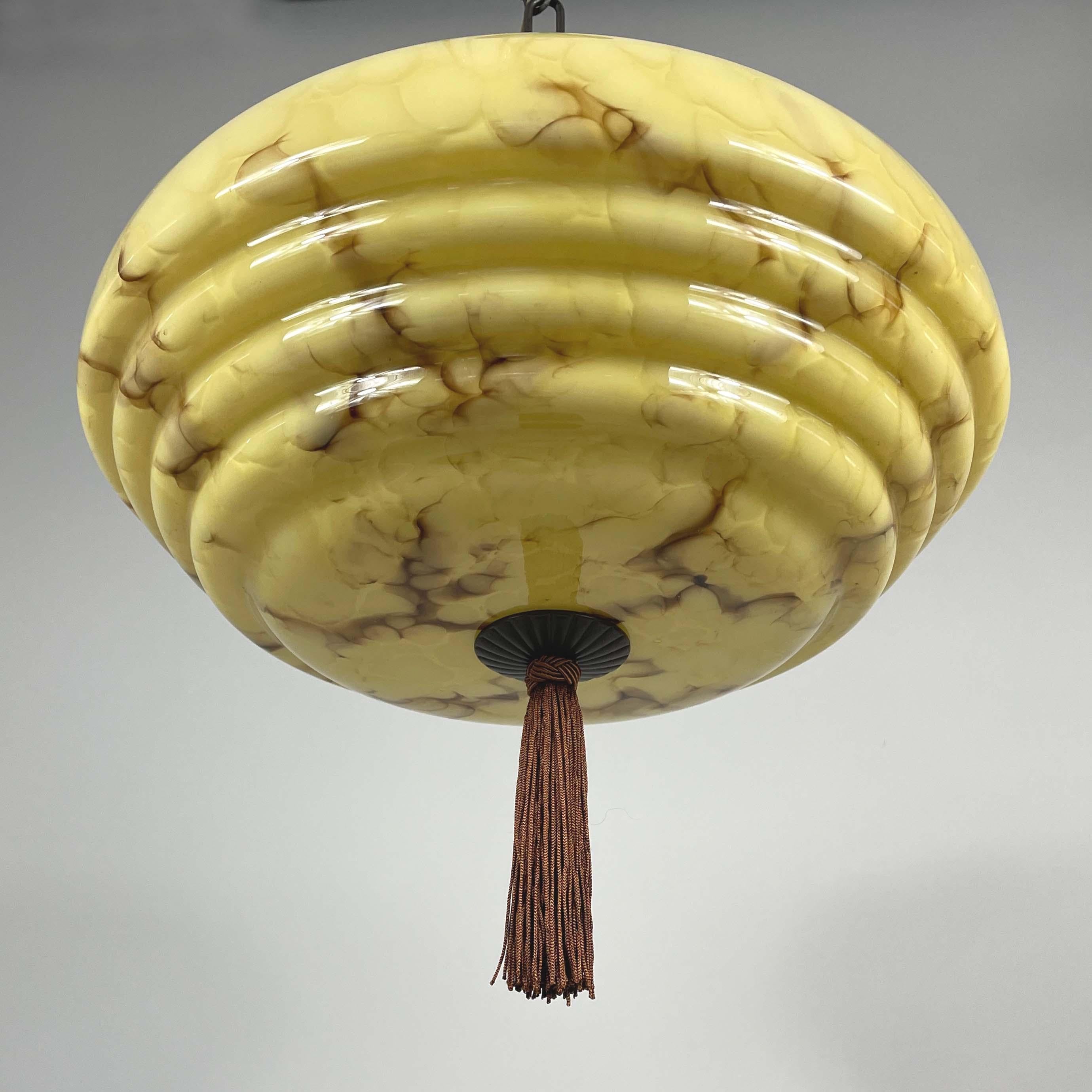 Art Deco Marbled Cream Opaline & Bronze Pendant with Tassel, Germany 1920s 1930s For Sale 2
