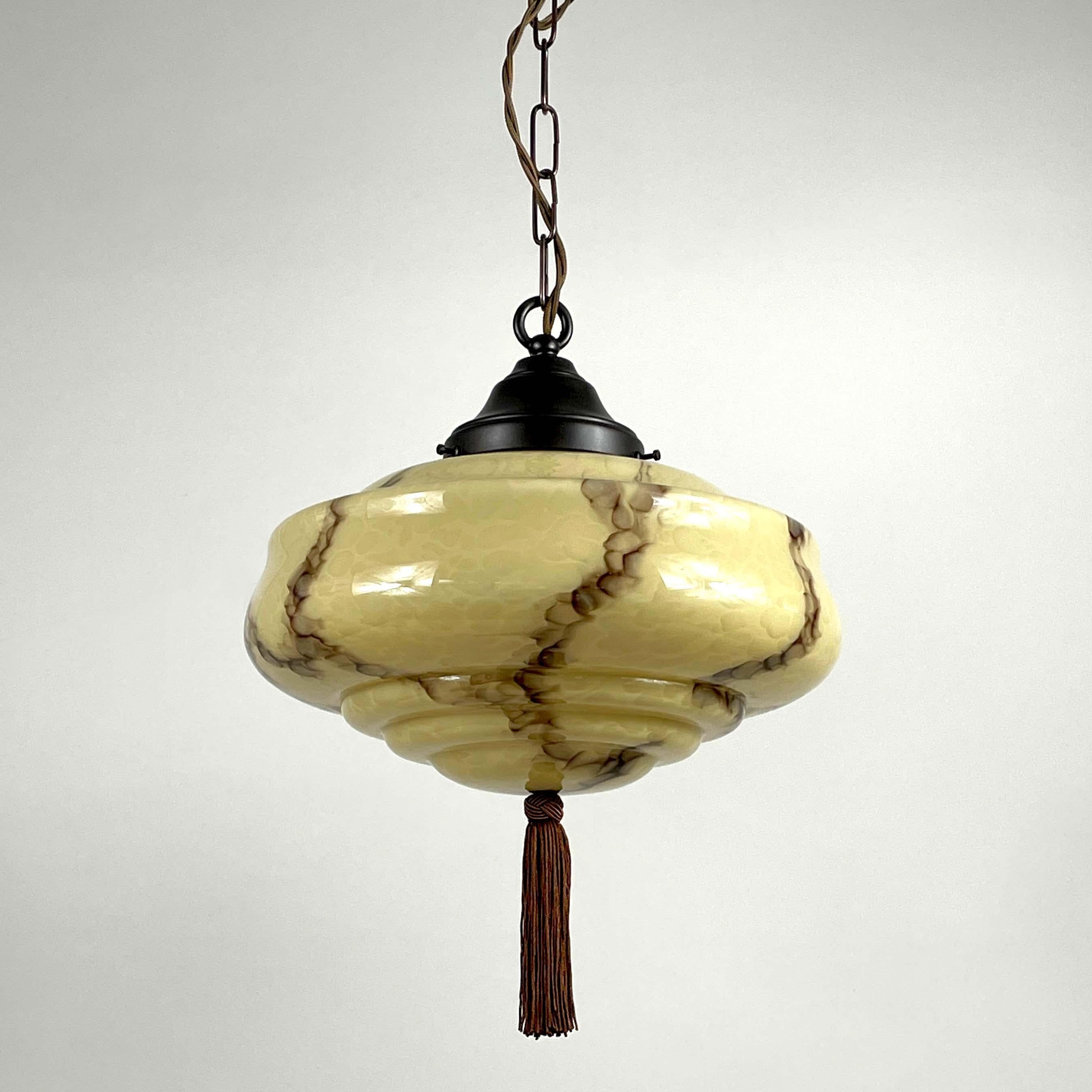 Art Deco Marbled Cream Opaline & Bronze Pendant with Tassel, Germany 1920s 1930s For Sale 3
