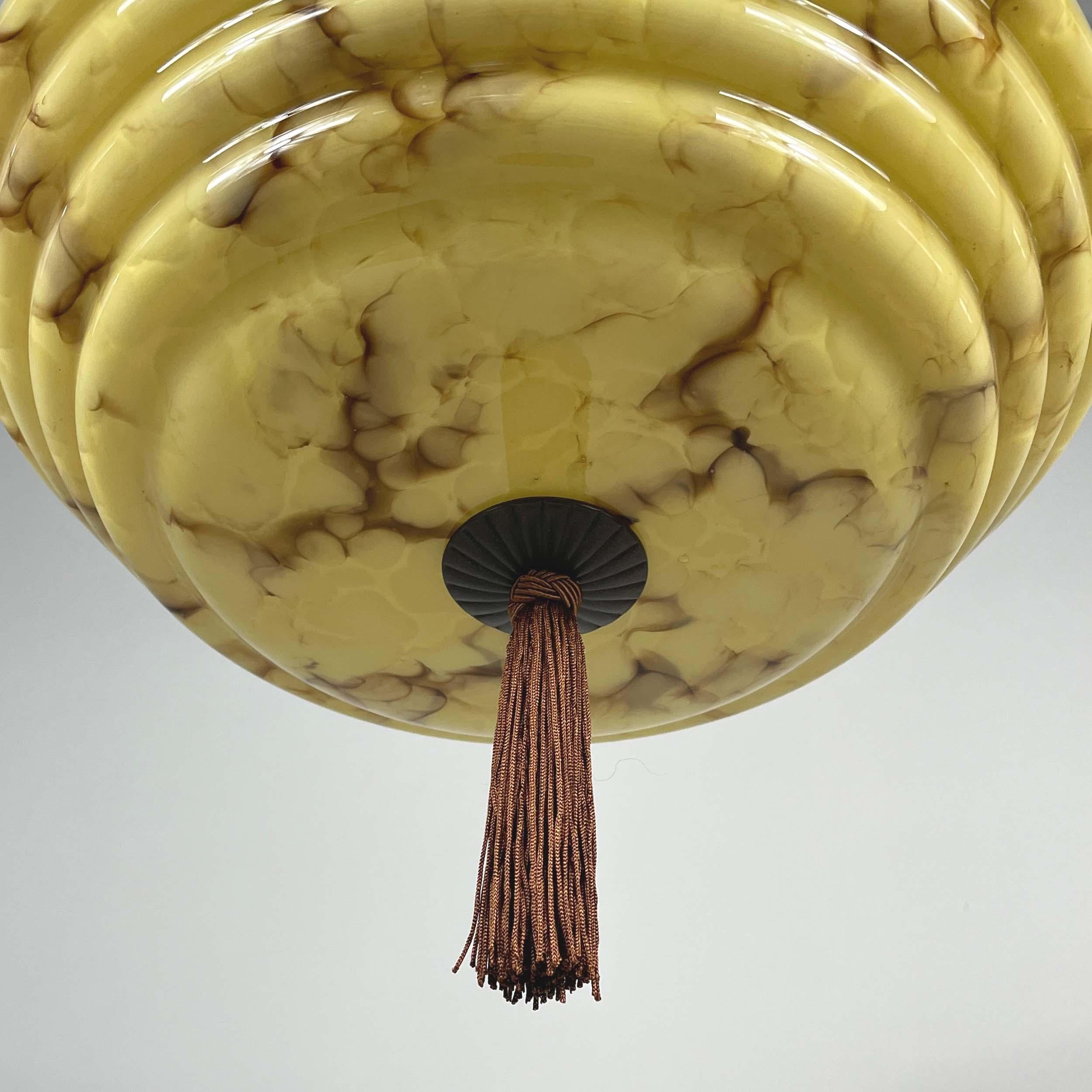 Art Deco Marbled Cream Opaline & Bronze Pendant with Tassel, Germany 1920s 1930s For Sale 3