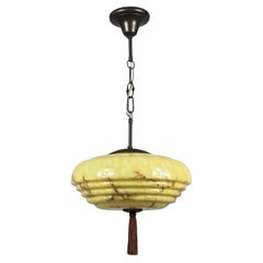 Art Deco Marbled Cream Opaline & Bronze Pendant with Tassel, Germany 1920s 1930s