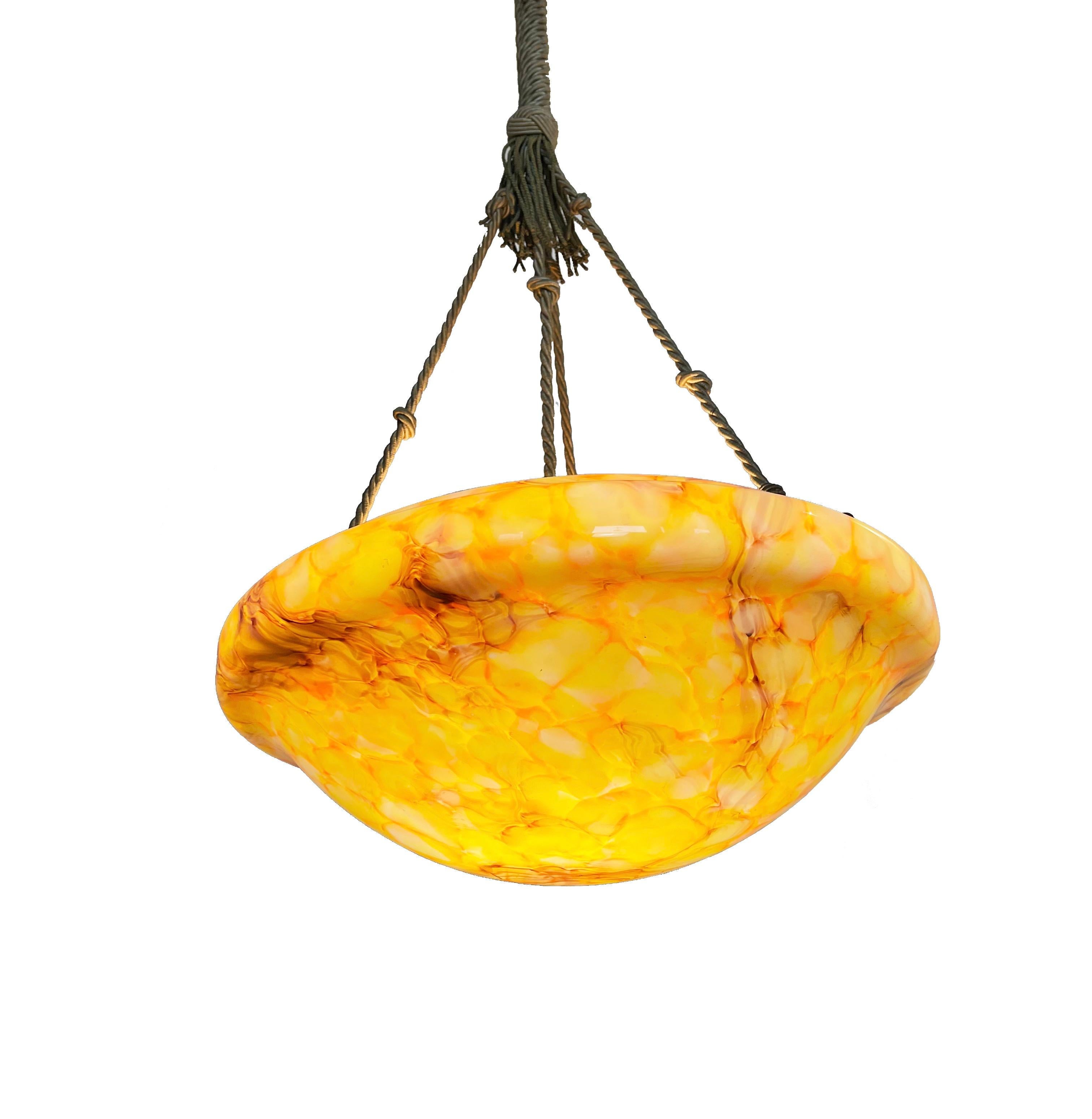 Hand-Woven Art Deco Marbled Glass Ceiling Lamp, Orange Alabaster Style, 1940s, Germany For Sale