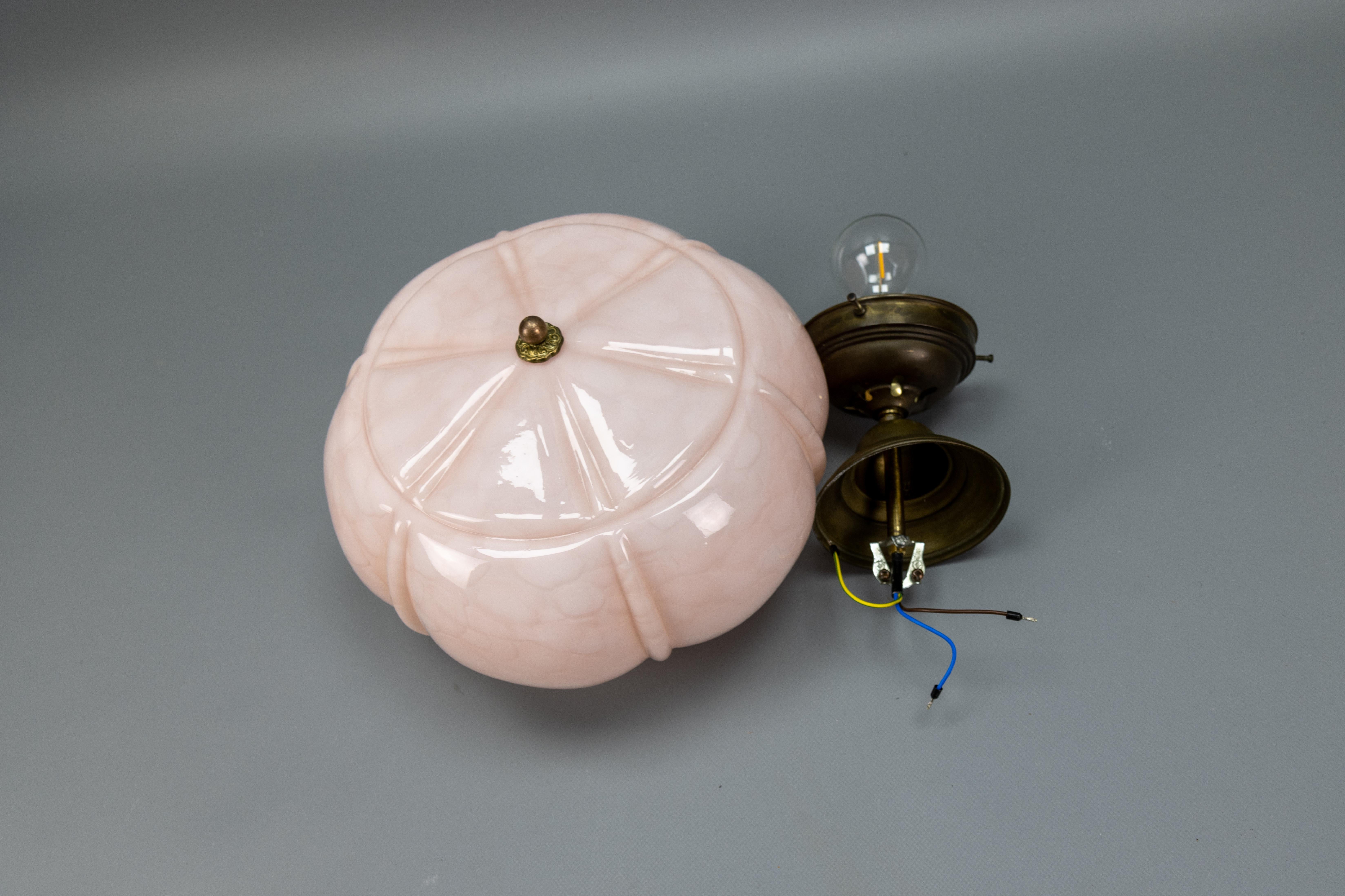 Art Deco Marbled Light Pink Glass and Brass Pendant Light, Germany, 1930s For Sale 12