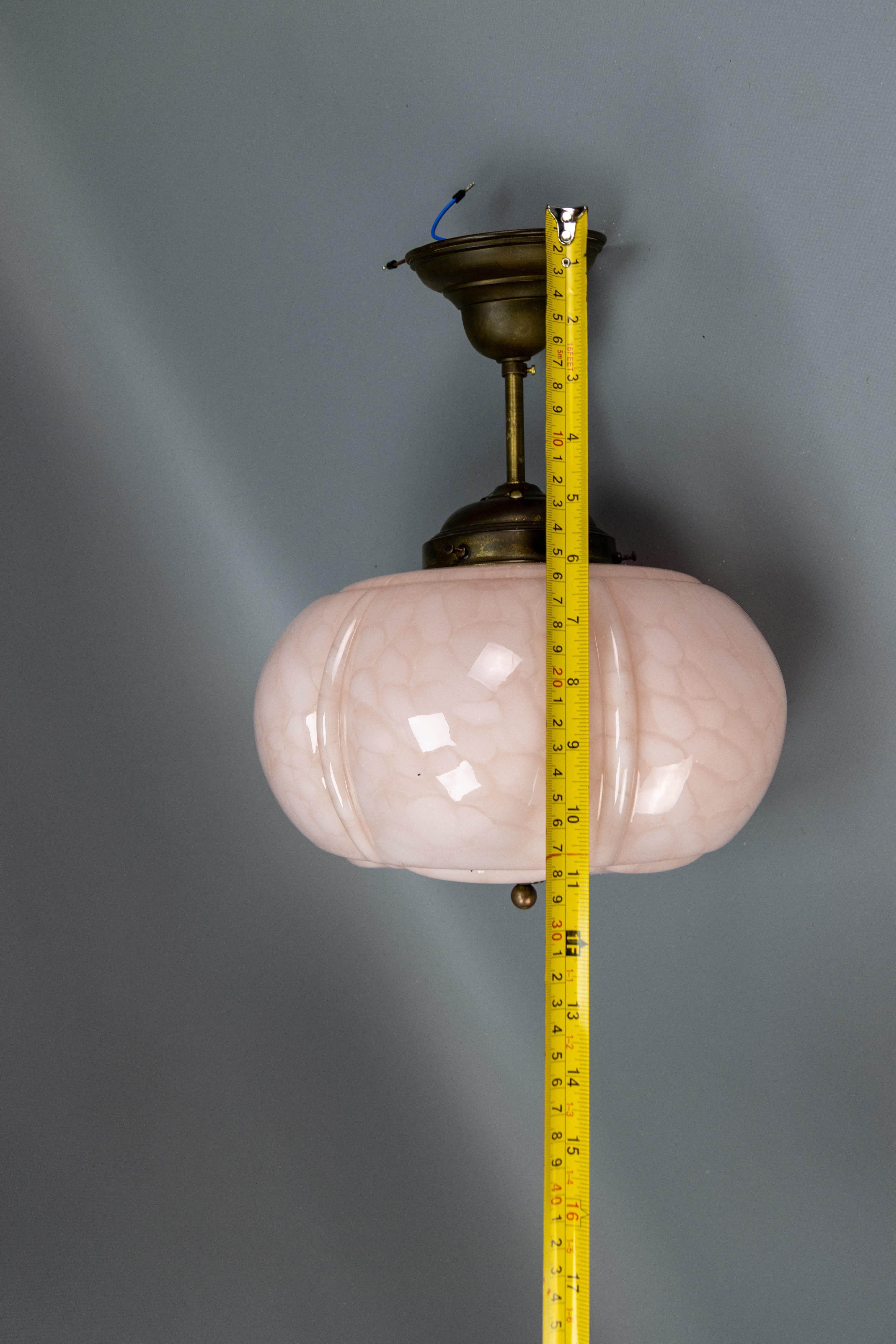 Art Deco Marbled Light Pink Glass and Brass Pendant Light, Germany, 1930s For Sale 14