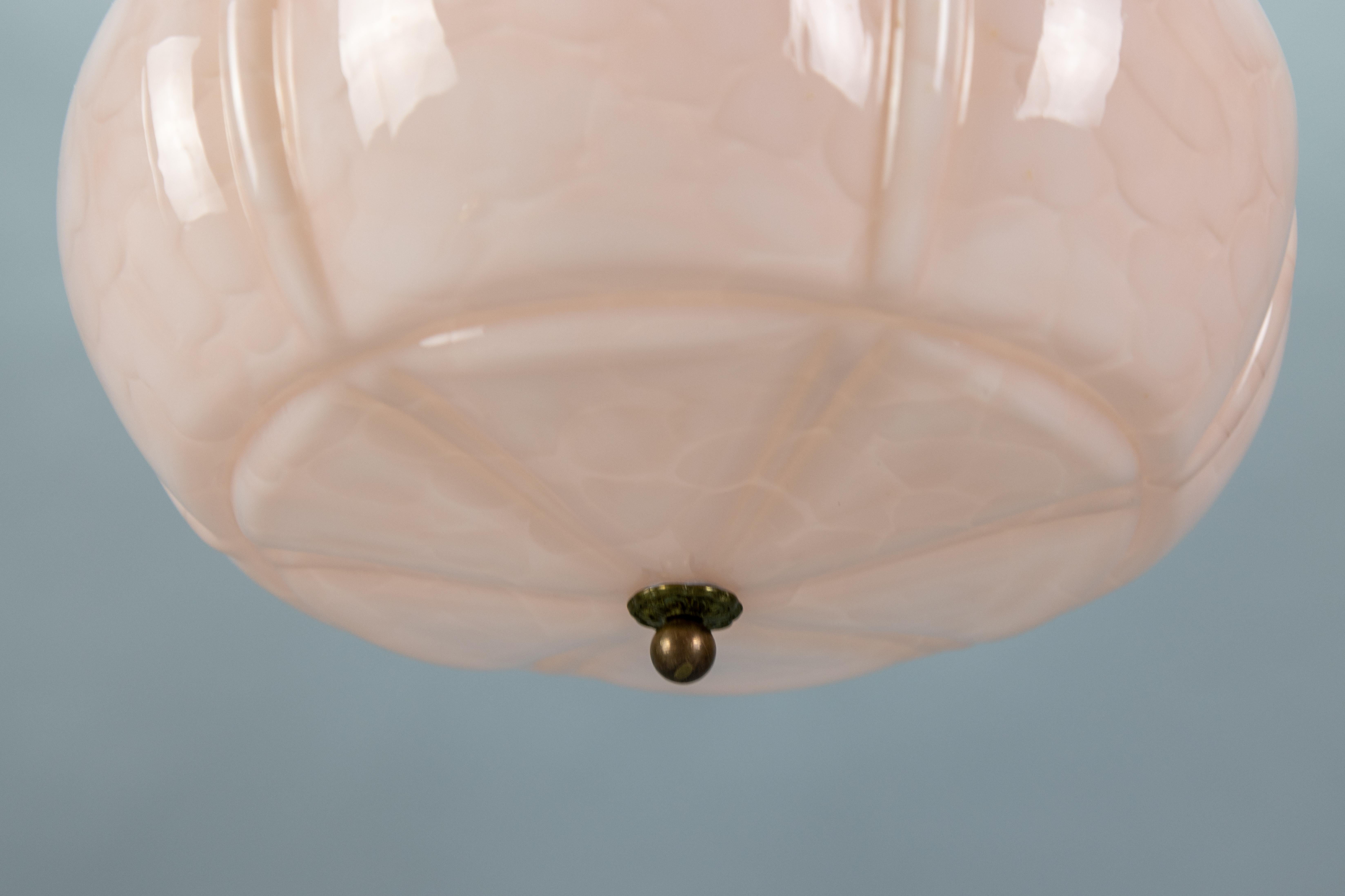 Metal Art Deco Marbled Light Pink Glass and Brass Pendant Light, Germany, 1930s For Sale