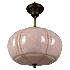 Art Deco Marbled Light Pink Glass and Brass Pendant Light, Germany, 1930s