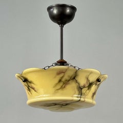 Art Deco Marbled Opaline & Brass Semi Flush Mount, Sweden 1930s