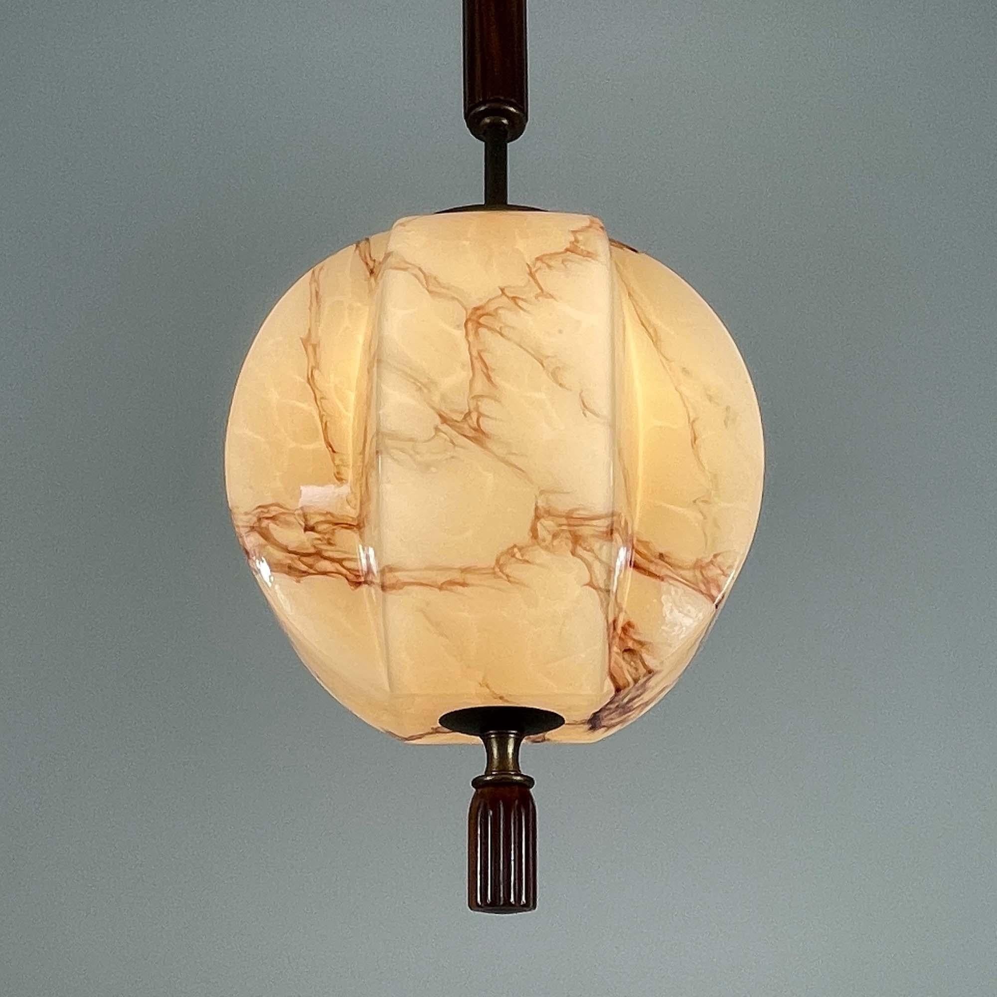 Art Deco Marbled Opaline Glass, Brass & Bakelite Pendant, Germany 1920s 1930s For Sale 8