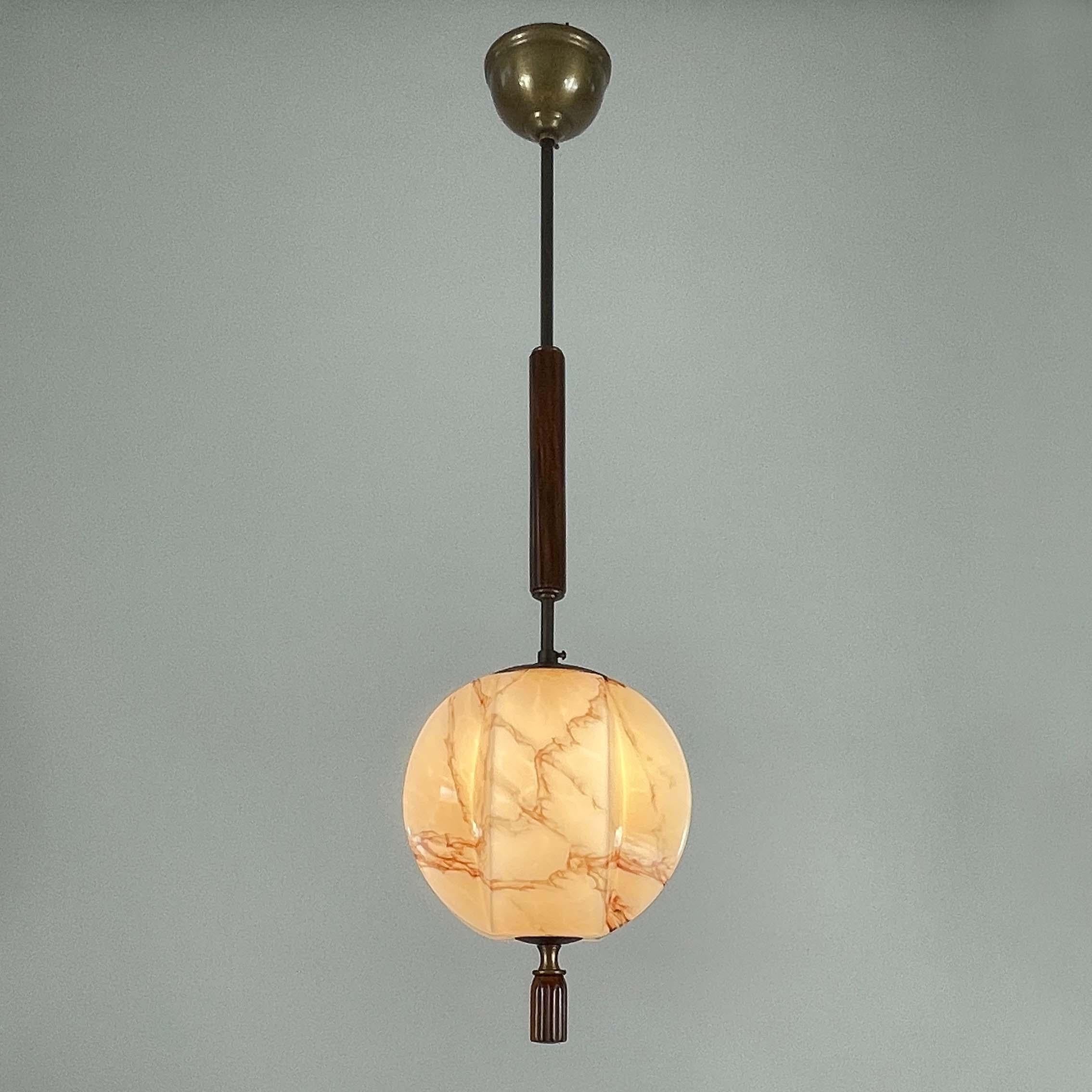 Art Deco Marbled Opaline Glass, Brass & Bakelite Pendant, Germany 1920s 1930s In Good Condition For Sale In NUEMBRECHT, NRW