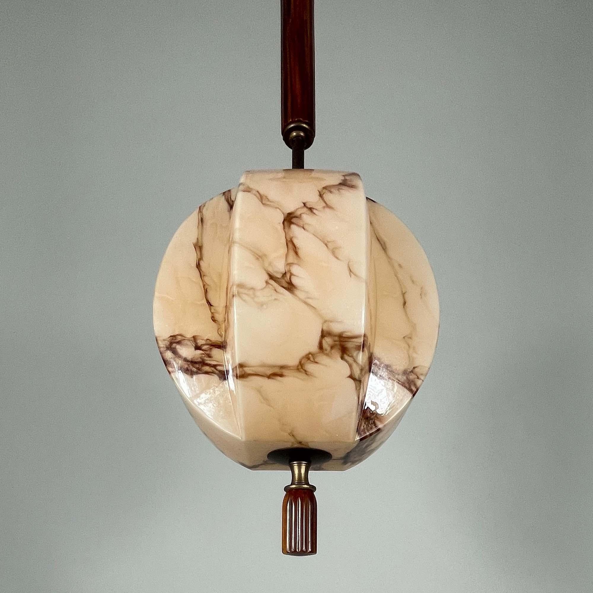 Art Deco Marbled Opaline Glass, Brass & Bakelite Pendant, Germany 1920s 1930s For Sale 1