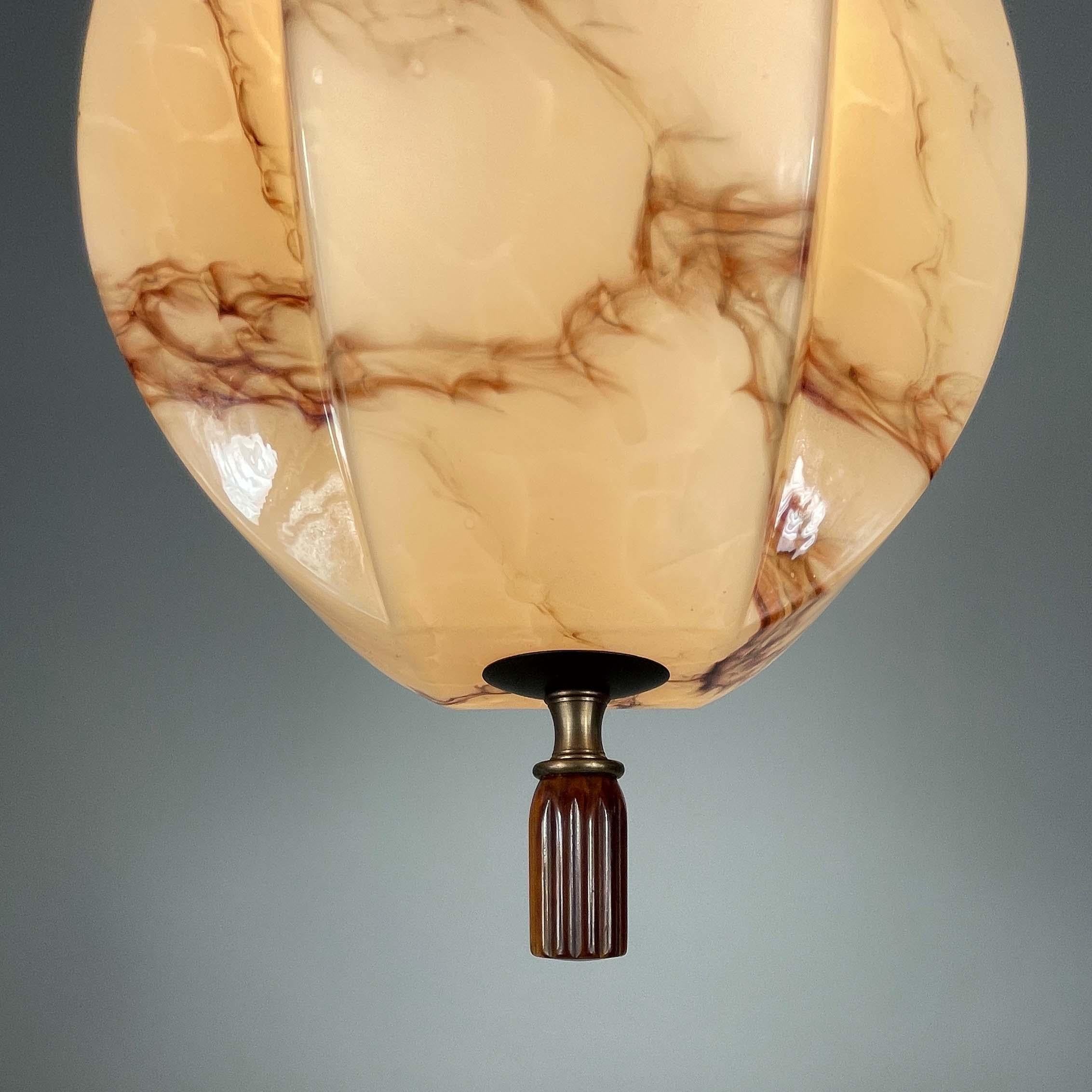 Art Deco Marbled Opaline Glass, Brass & Bakelite Pendant, Germany 1920s 1930s For Sale 3