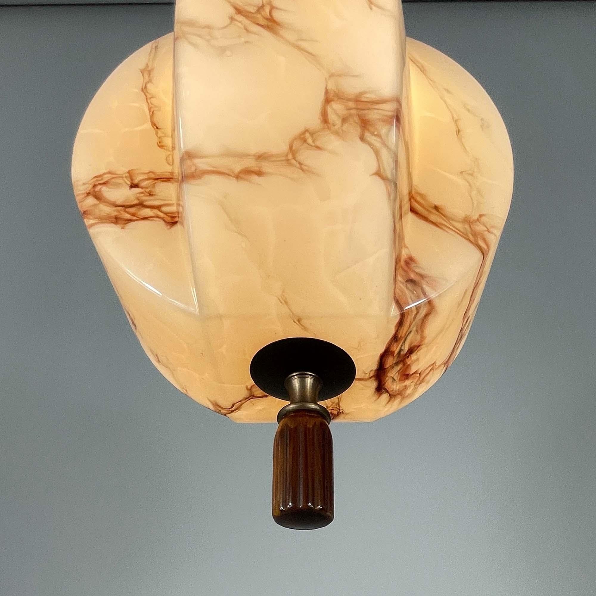 Art Deco Marbled Opaline Glass, Brass & Bakelite Pendant, Germany 1920s 1930s For Sale 4