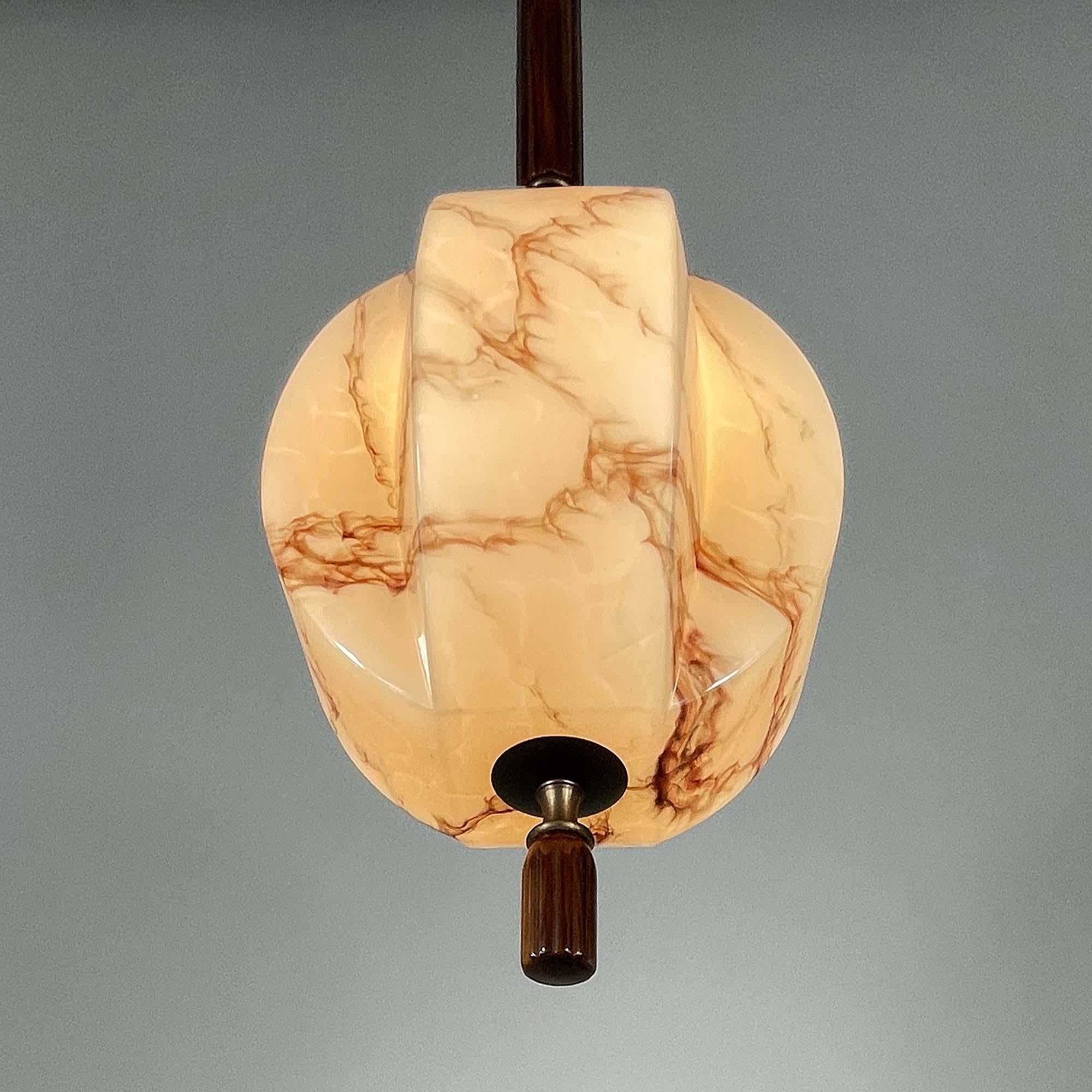 Art Deco Marbled Opaline Glass, Brass & Bakelite Pendant, Germany 1920s 1930s For Sale 5
