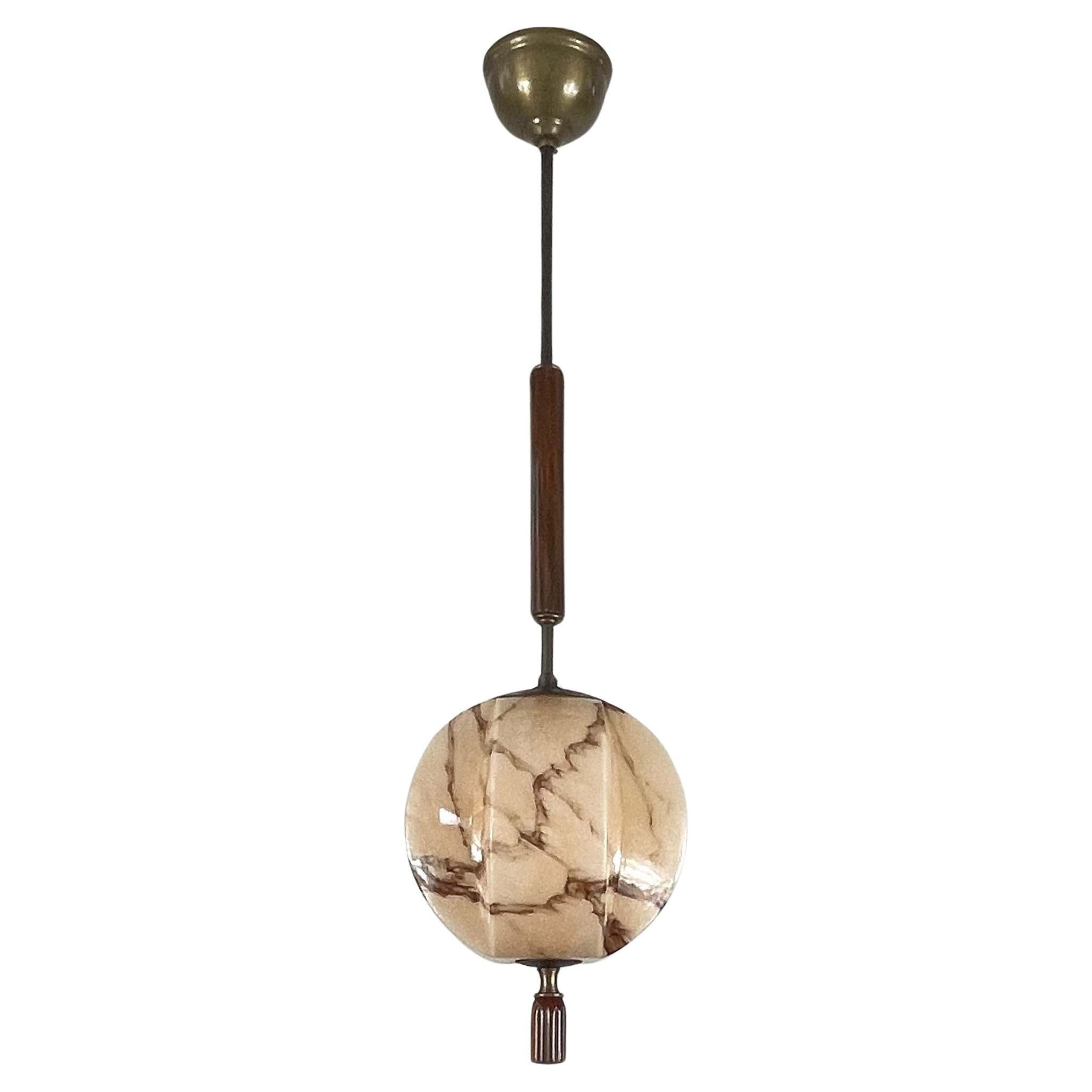 Art Deco Marbled Opaline Glass, Brass & Bakelite Pendant, Germany 1920s 1930s