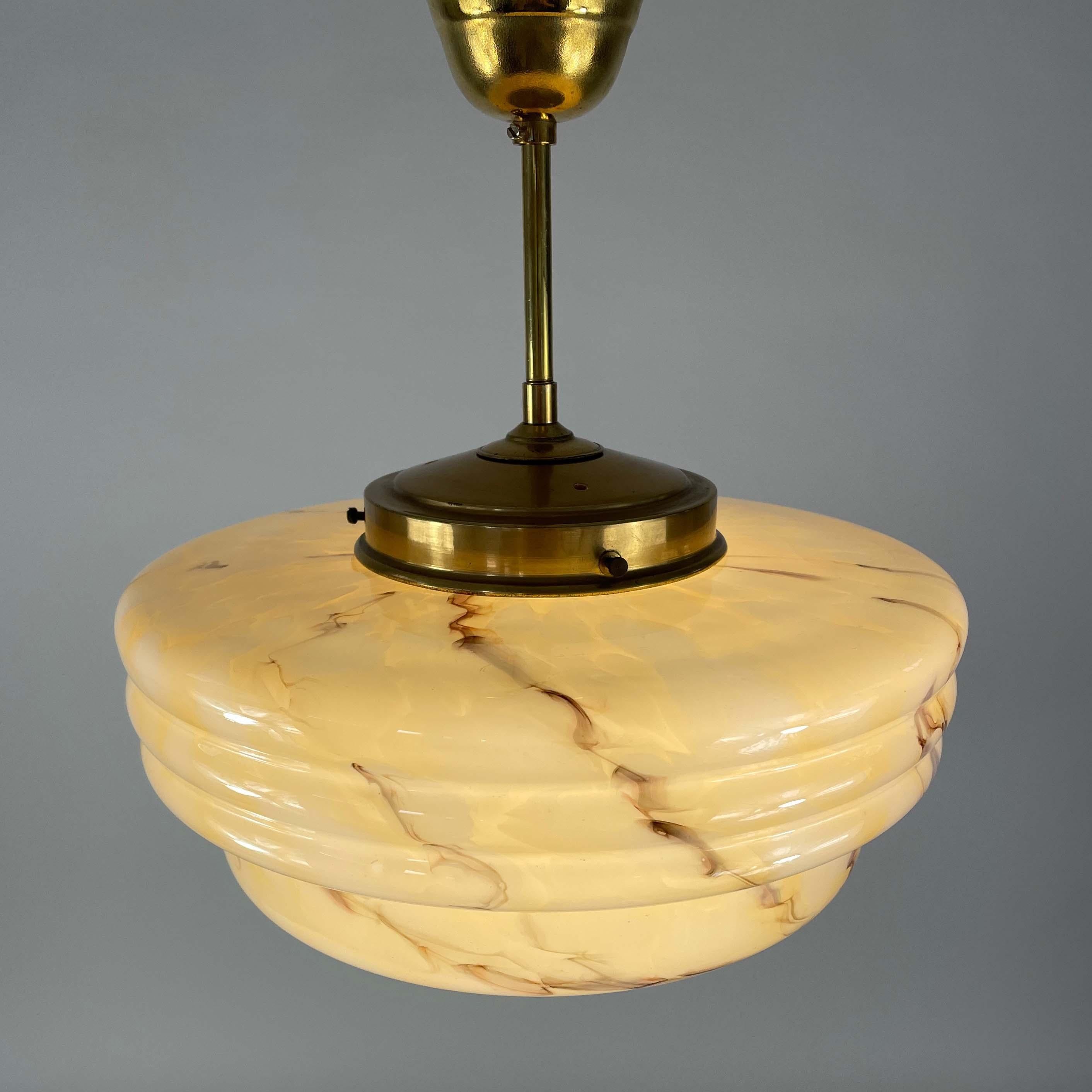 Art Deco Marbled Opaline Glass & Brass Semi Flush Mount, Germany 1930s 6