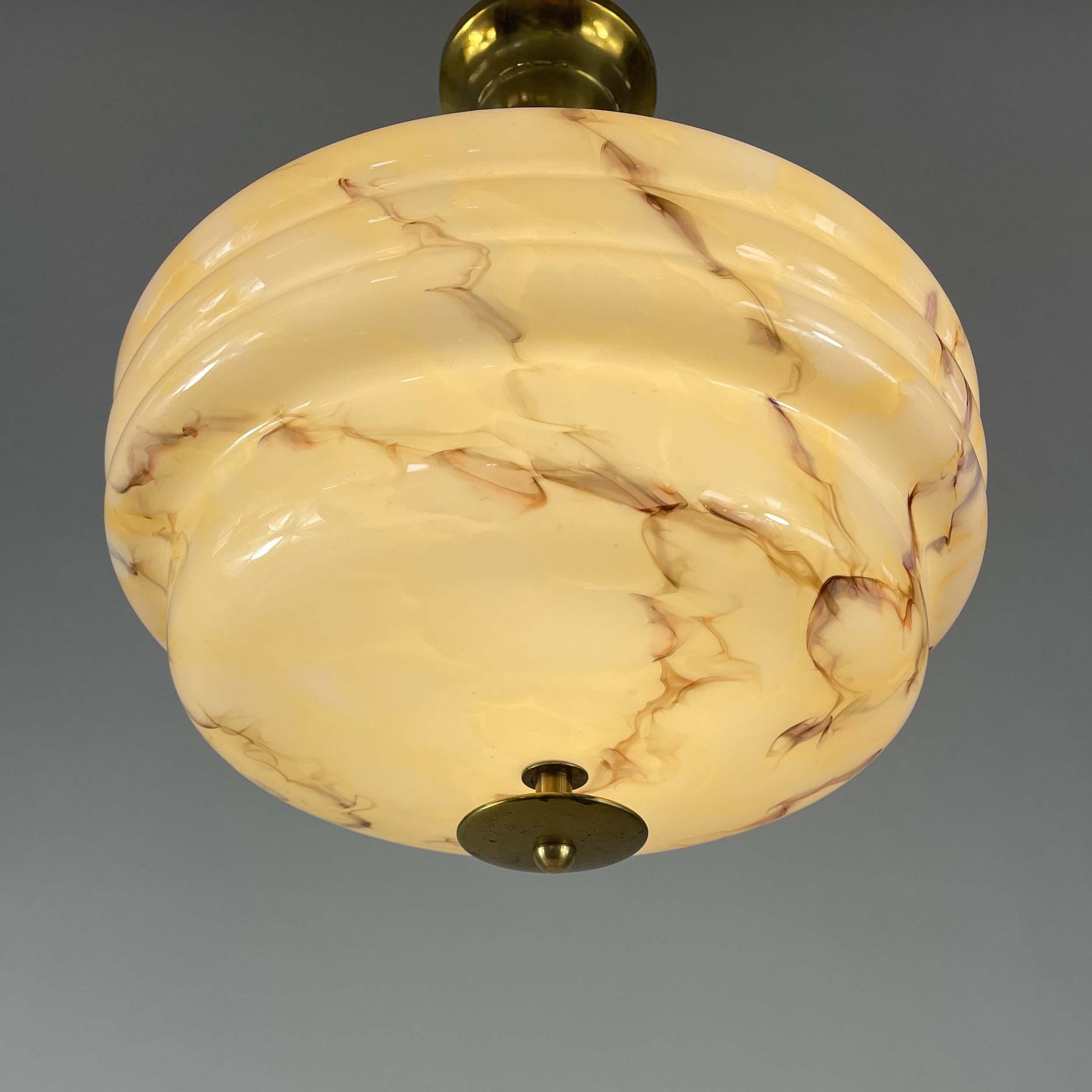 Art Deco Marbled Opaline Glass & Brass Semi Flush Mount, Germany 1930s 7