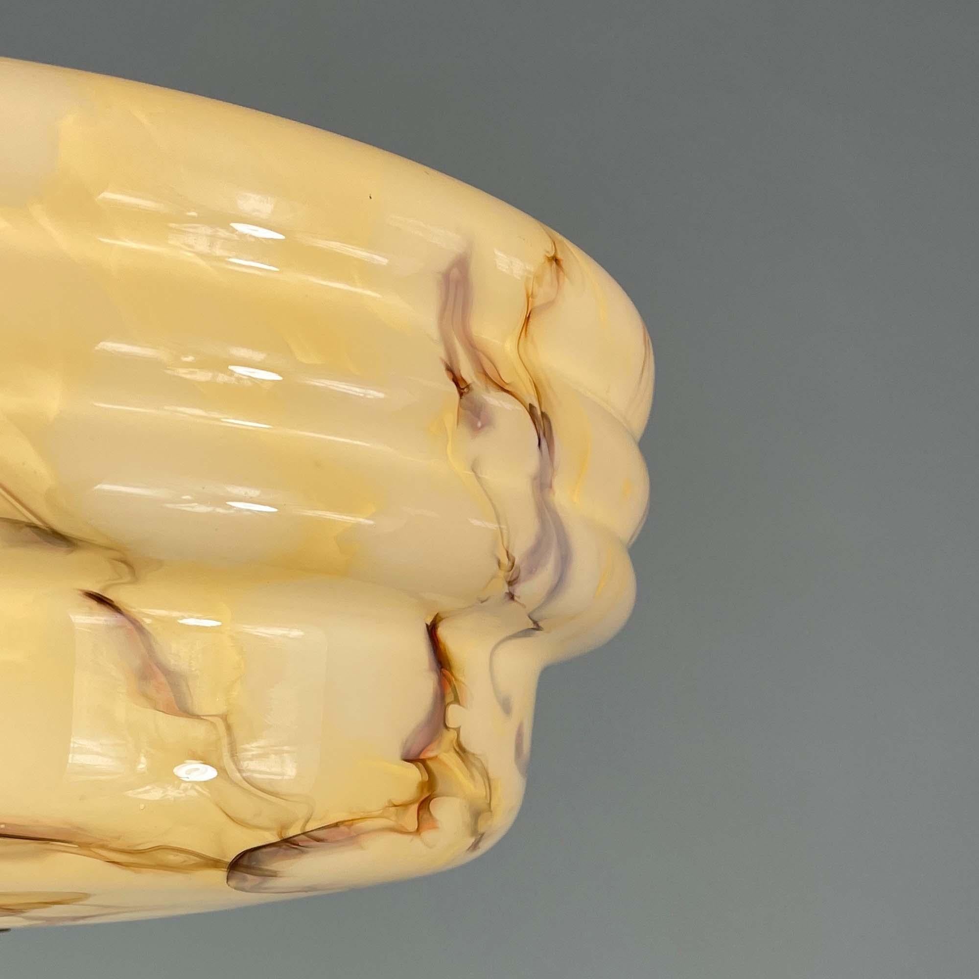 Art Deco Marbled Opaline Glass & Brass Semi Flush Mount, Germany 1930s 8