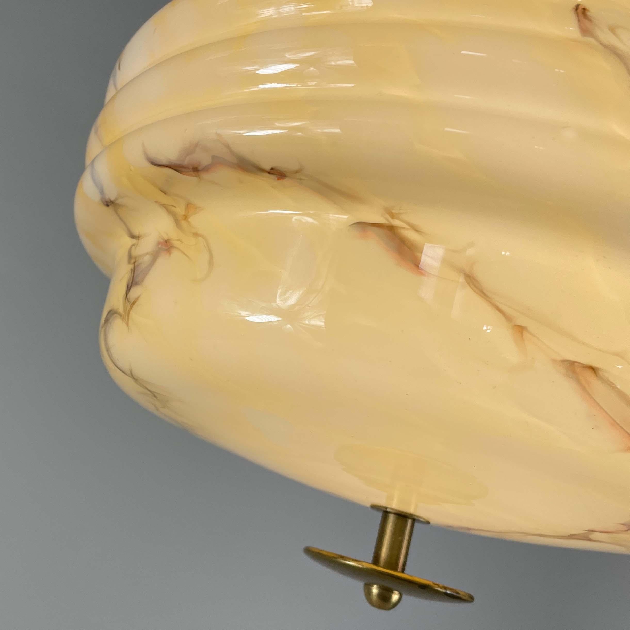 Art Deco Marbled Opaline Glass & Brass Semi Flush Mount, Germany 1930s 9