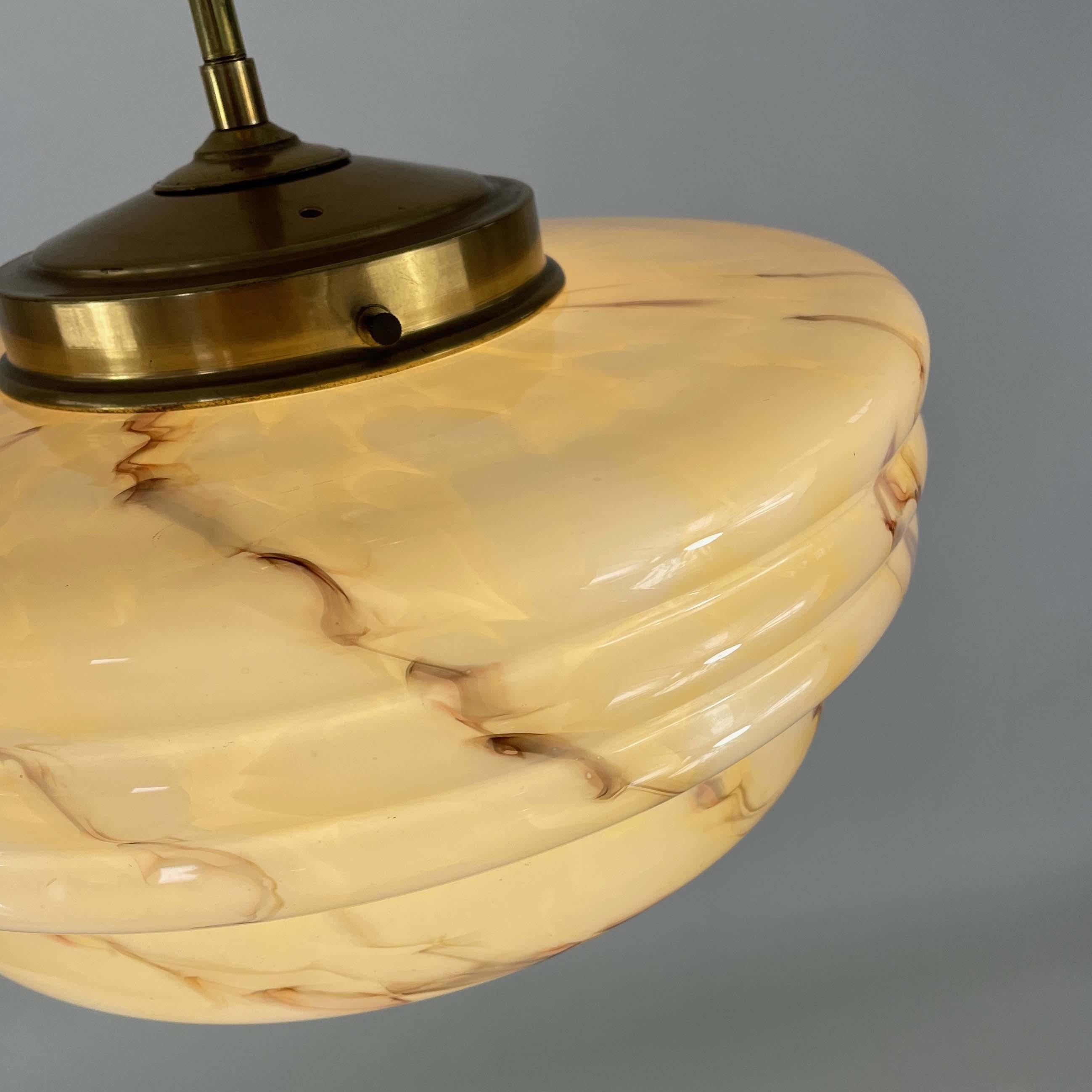 Art Deco Marbled Opaline Glass & Brass Semi Flush Mount, Germany 1930s 10