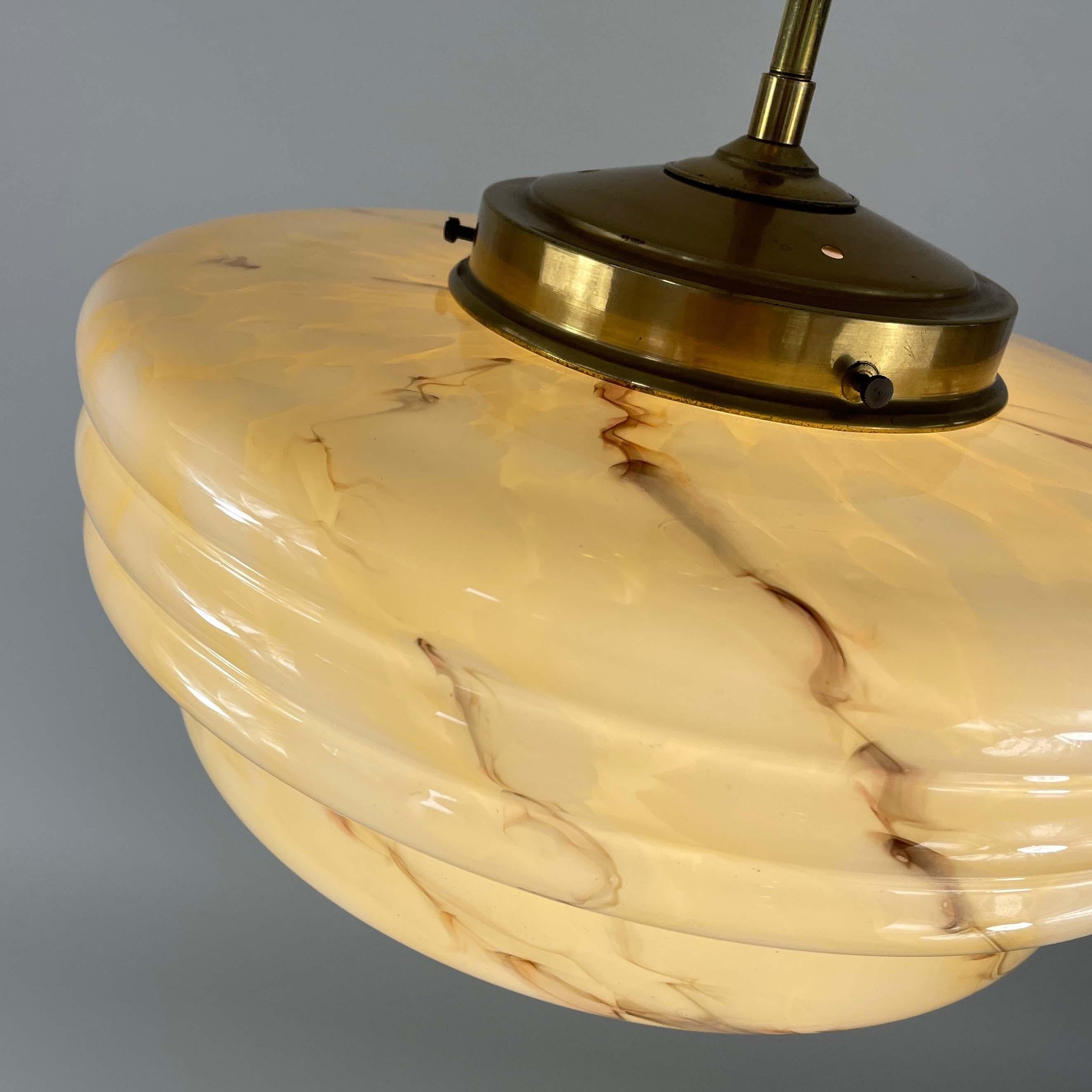 Art Deco Marbled Opaline Glass & Brass Semi Flush Mount, Germany 1930s 11