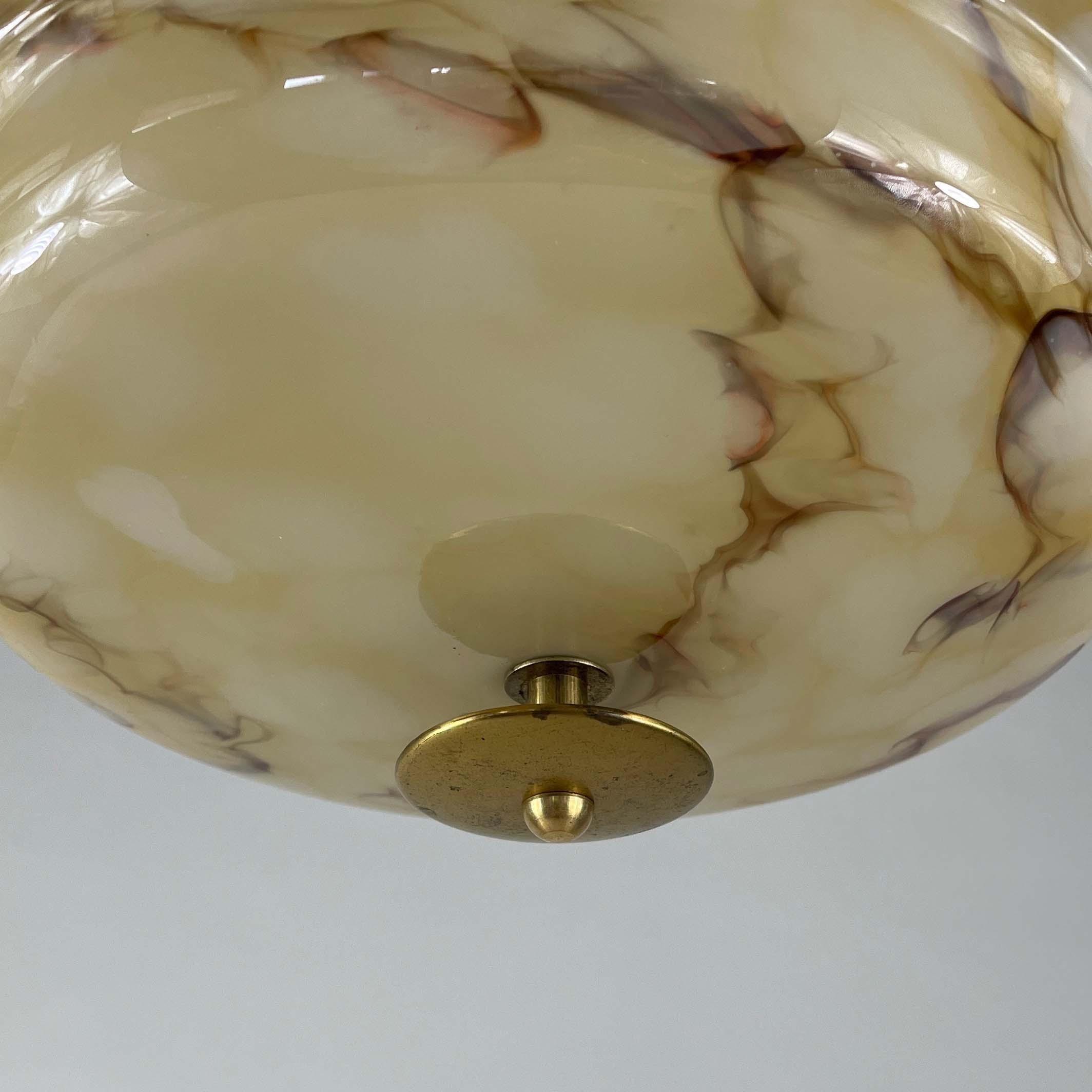 Art Deco Marbled Opaline Glass & Brass Semi Flush Mount, Germany 1930s 12