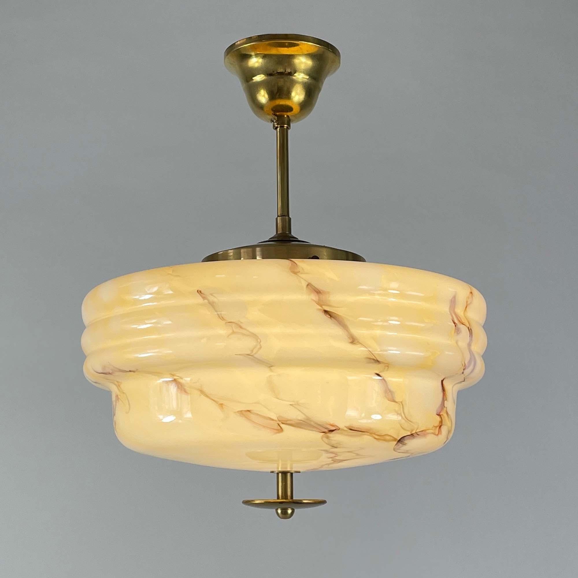 Art Deco Marbled Opaline Glass & Brass Semi Flush Mount, Germany 1930s In Good Condition In NUEMBRECHT, NRW