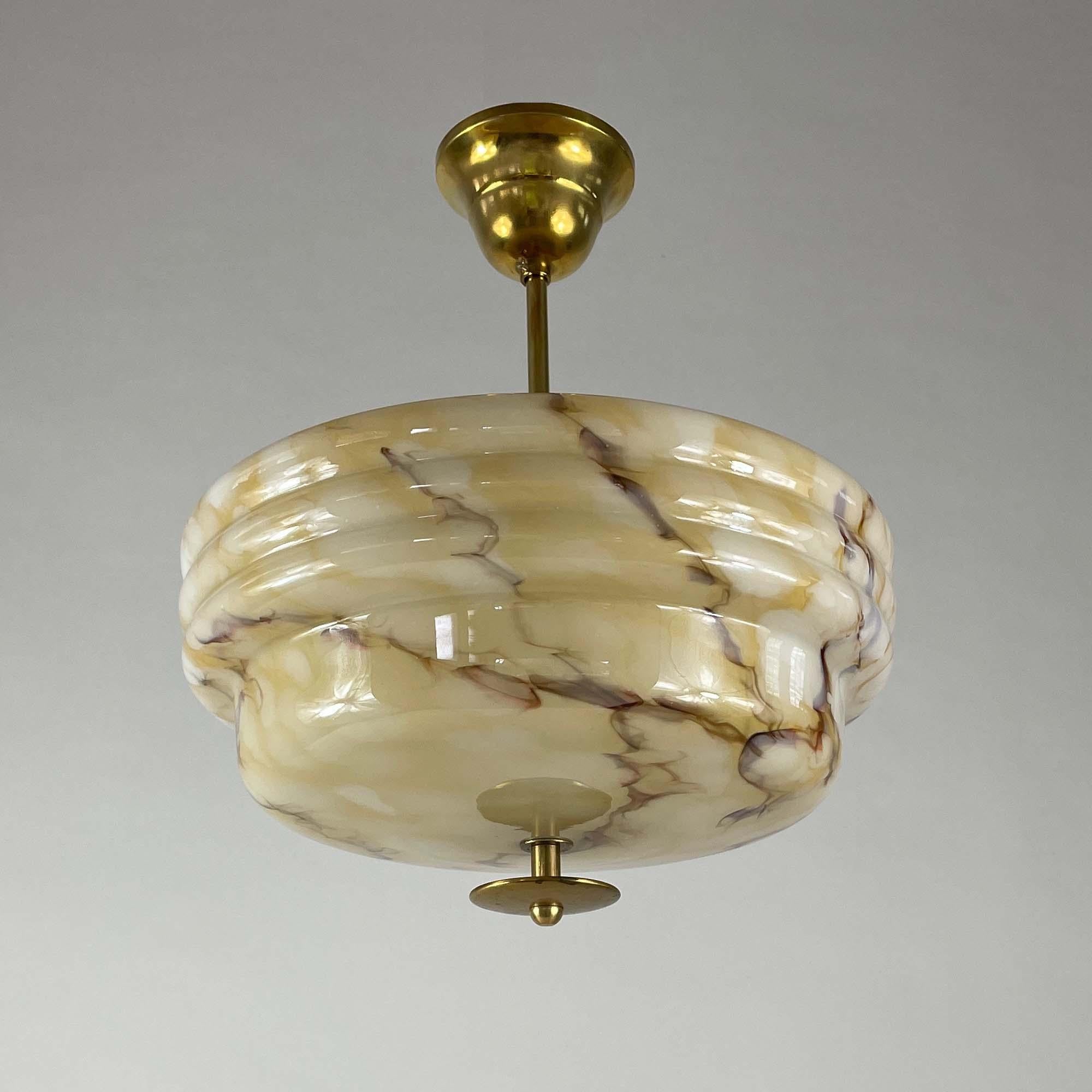 Mid-20th Century Art Deco Marbled Opaline Glass & Brass Semi Flush Mount, Germany 1930s