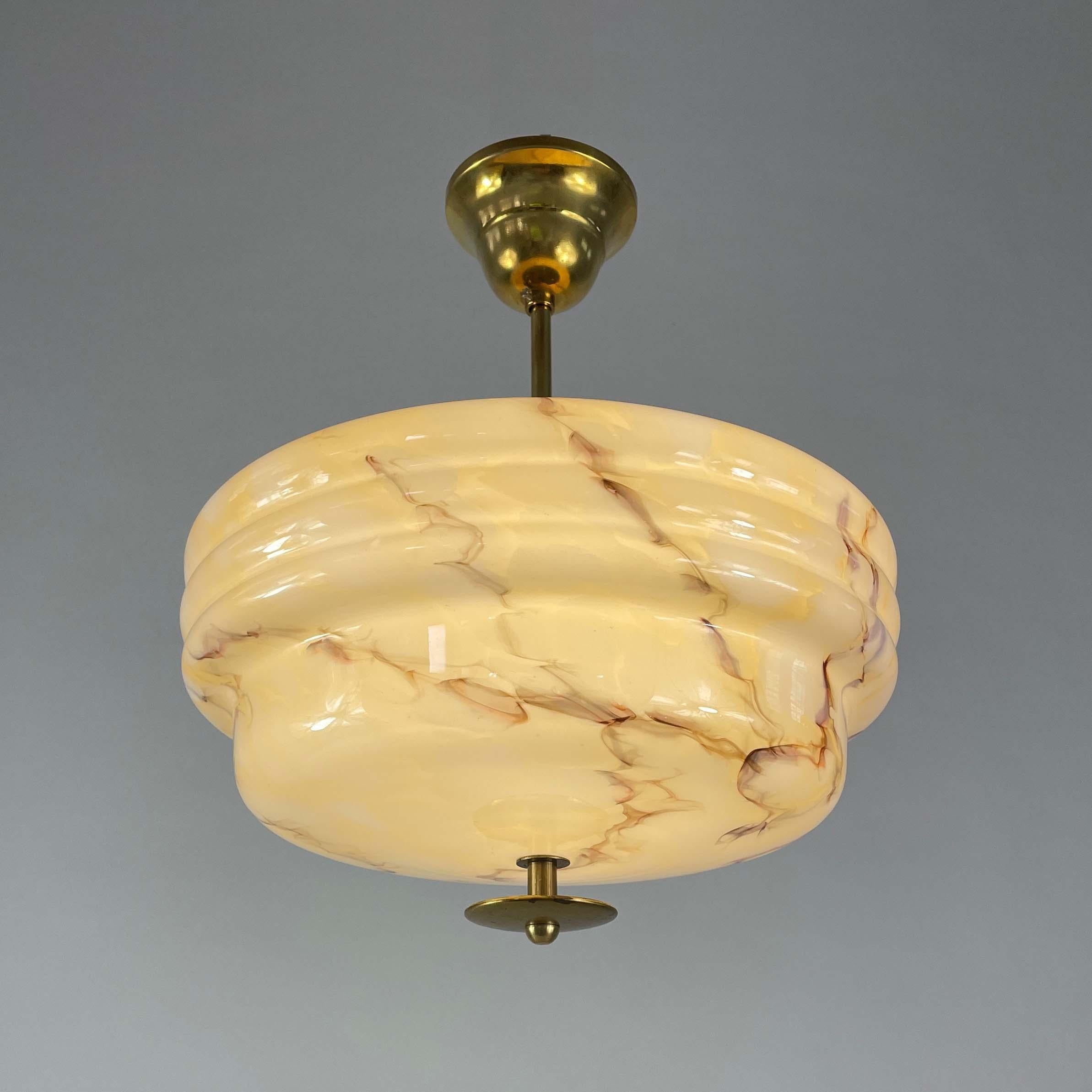 Art Deco Marbled Opaline Glass & Brass Semi Flush Mount, Germany 1930s 1