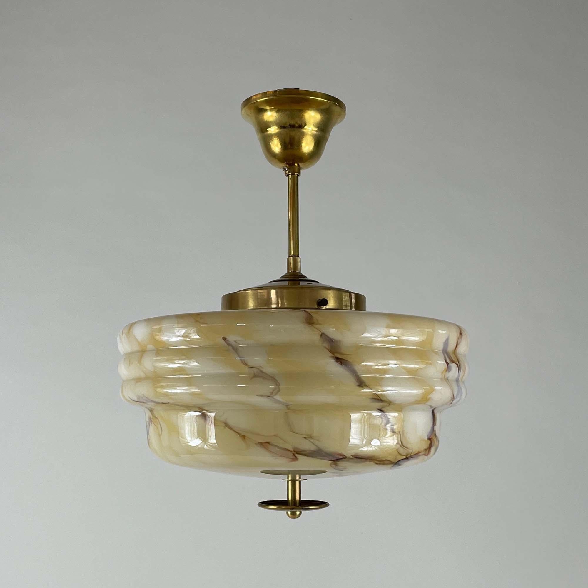 Art Deco Marbled Opaline Glass & Brass Semi Flush Mount, Germany 1930s 2