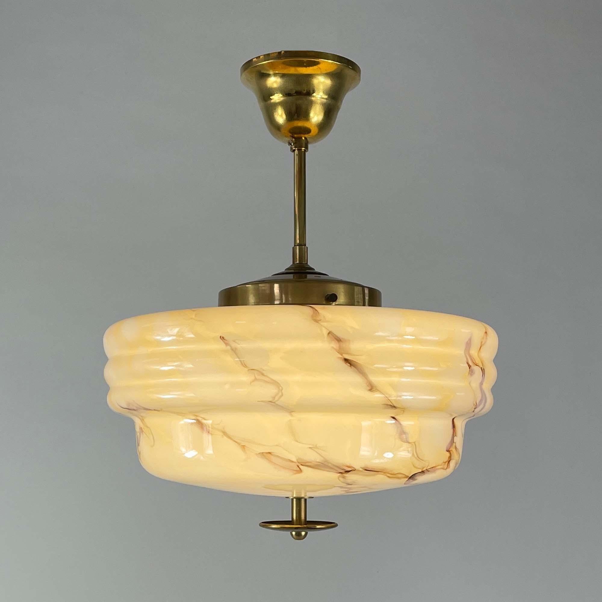 Art Deco Marbled Opaline Glass & Brass Semi Flush Mount, Germany 1930s 3
