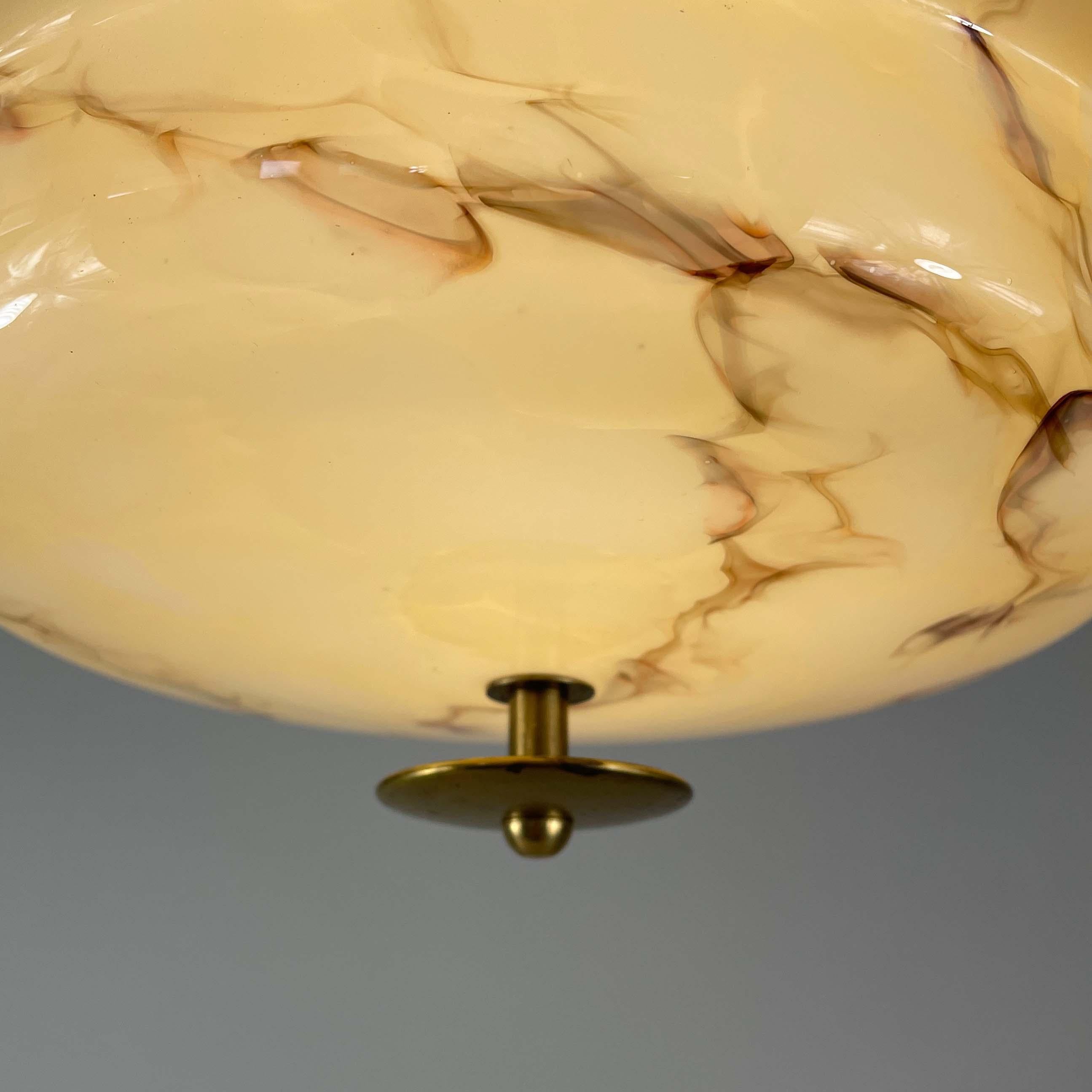 Art Deco Marbled Opaline Glass & Brass Semi Flush Mount, Germany 1930s 5