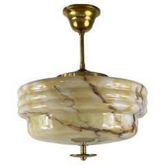 Art Deco Marbled Opaline Glass & Brass Semi Flush Mount, Germany 1930s
