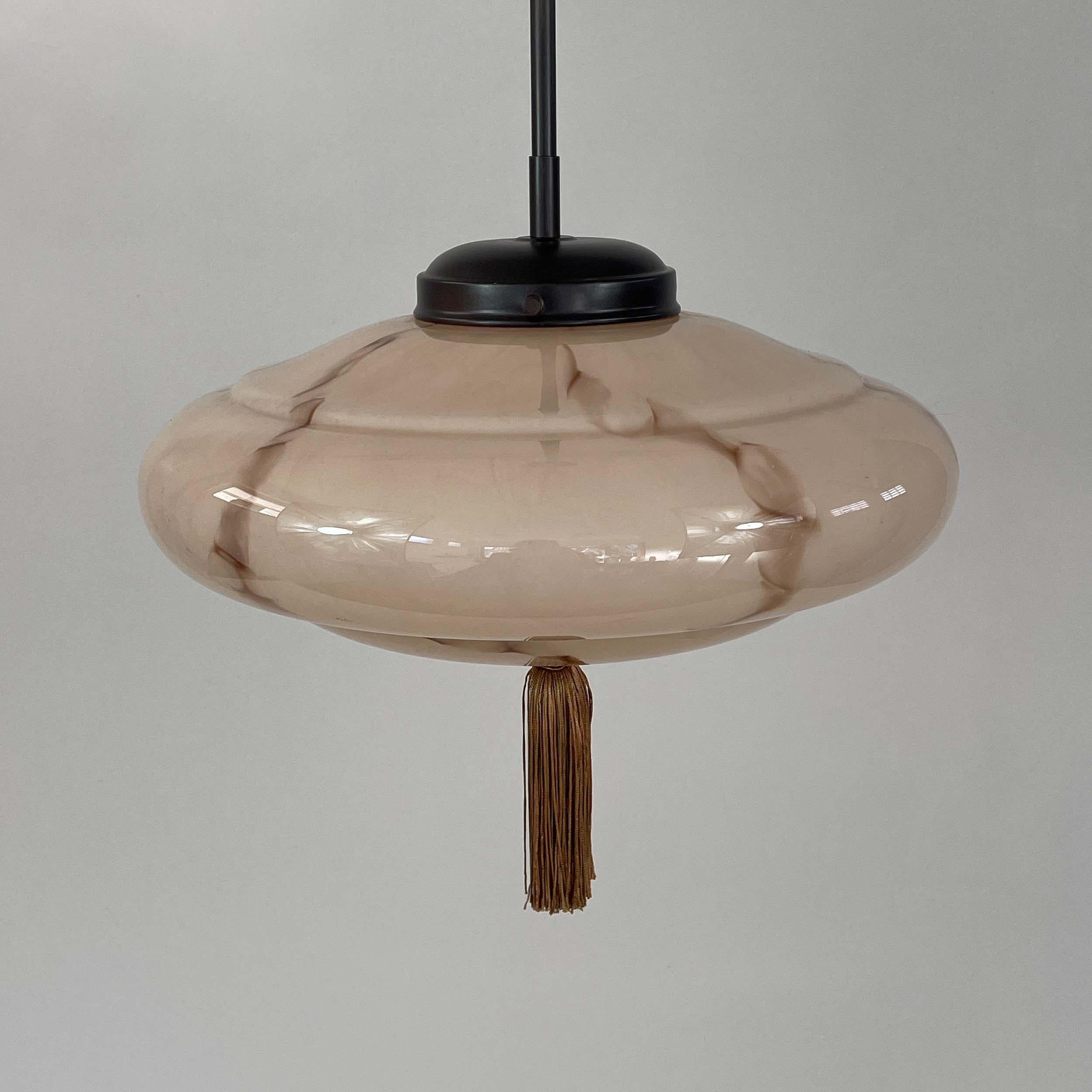 Mid-20th Century Art Deco Marbled Opaline Glass & Bronzed Brass Pendant, Germany 1920s to 1930s