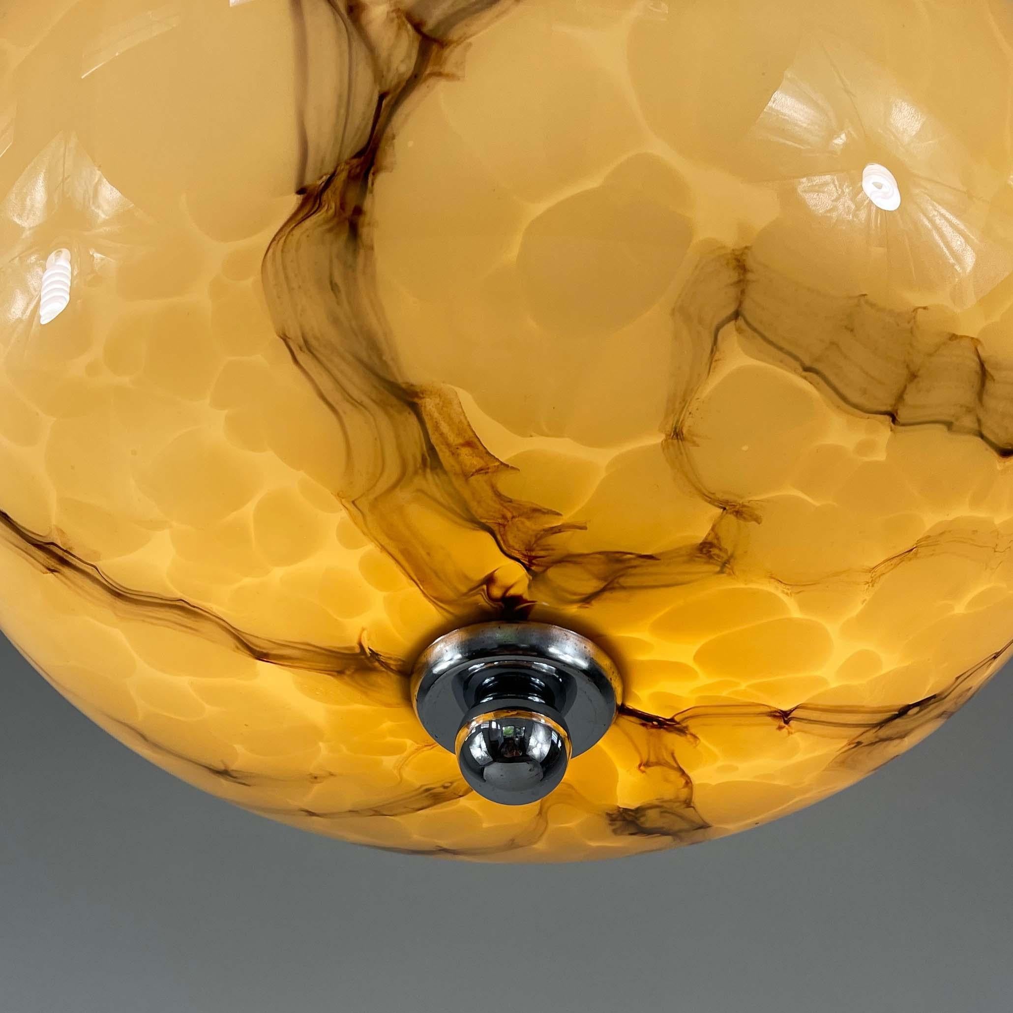 Art Deco Marbled Opaline Glass & Chrome Semi Flush Mount, Germany 1930s 6