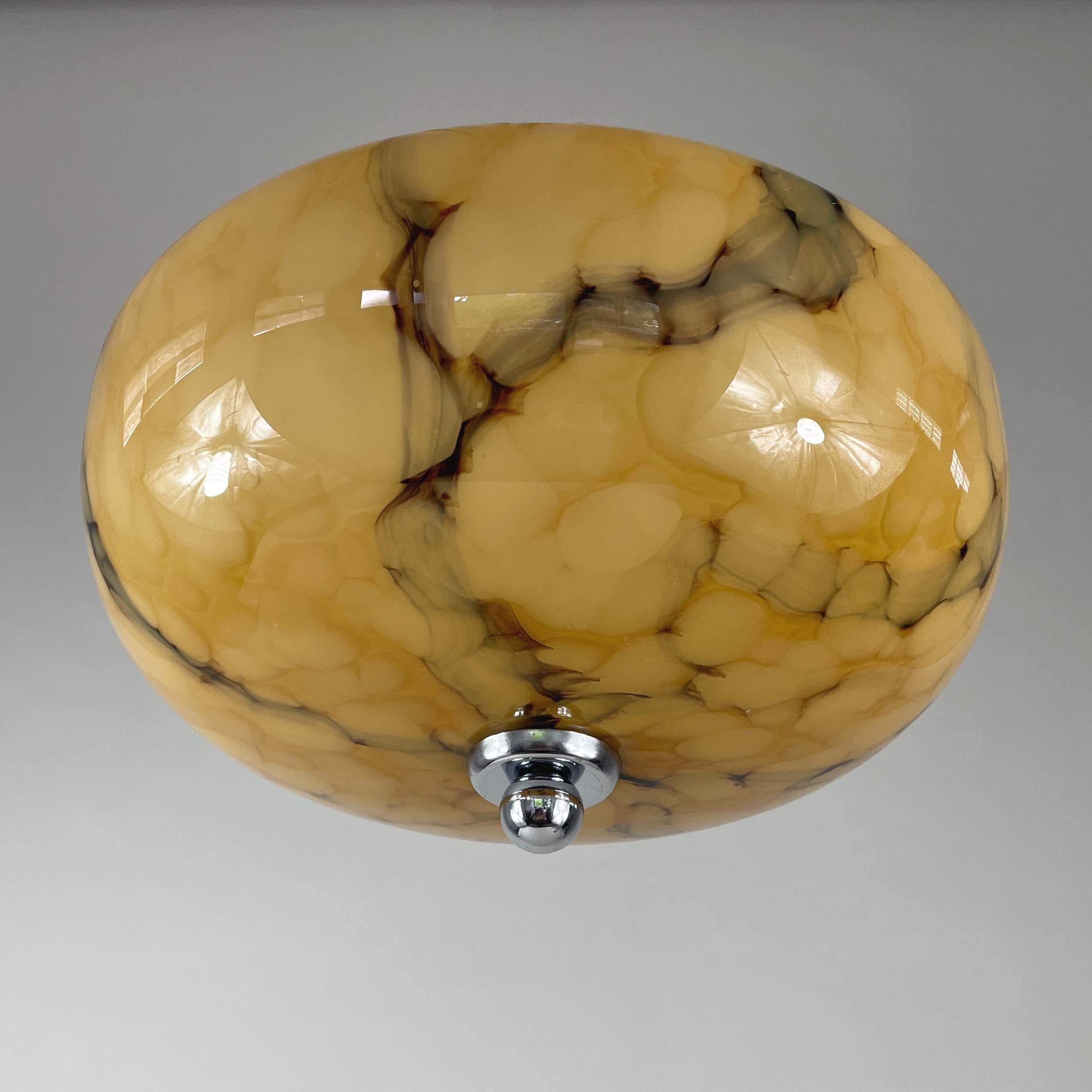 Art Deco Marbled Opaline Glass & Chrome Semi Flush Mount, Germany 1930s 11