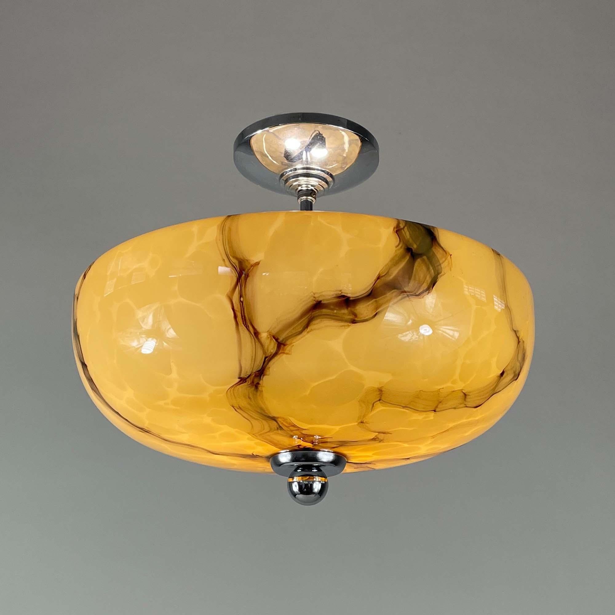 Art Deco Marbled Opaline Glass & Chrome Semi Flush Mount, Germany 1930s In Good Condition In NUEMBRECHT, NRW