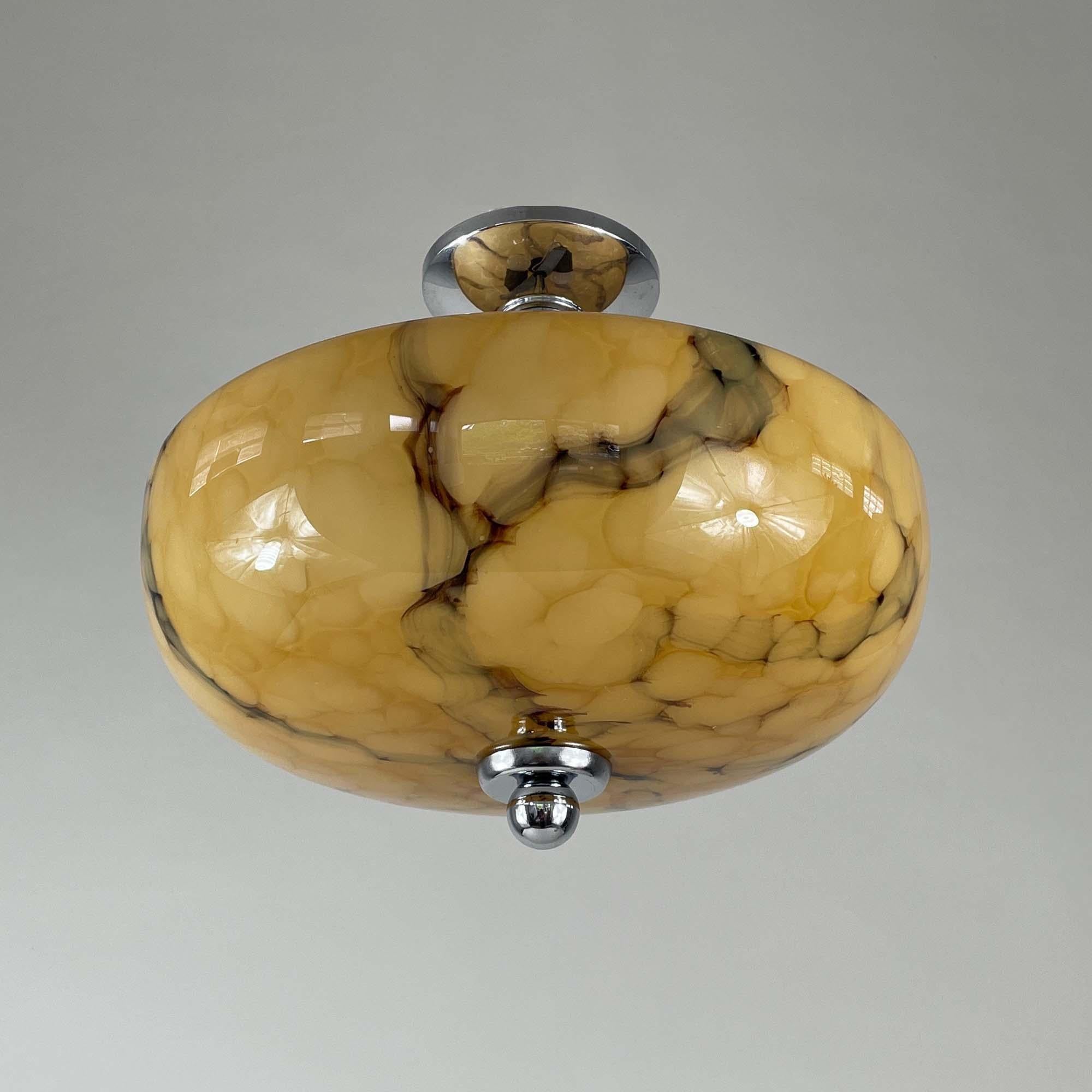 Mid-20th Century Art Deco Marbled Opaline Glass & Chrome Semi Flush Mount, Germany 1930s