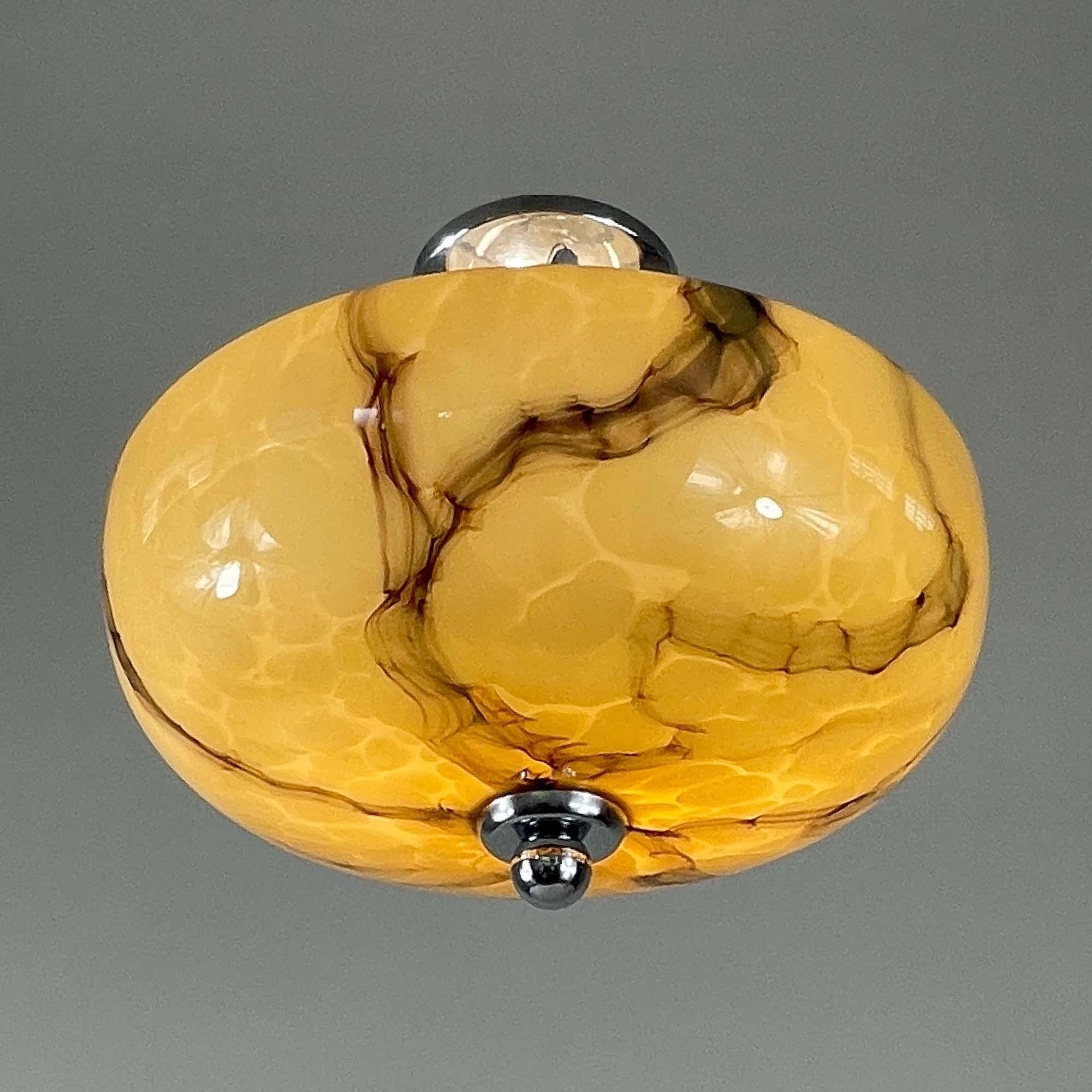 Art Deco Marbled Opaline Glass & Chrome Semi Flush Mount, Germany 1930s 1