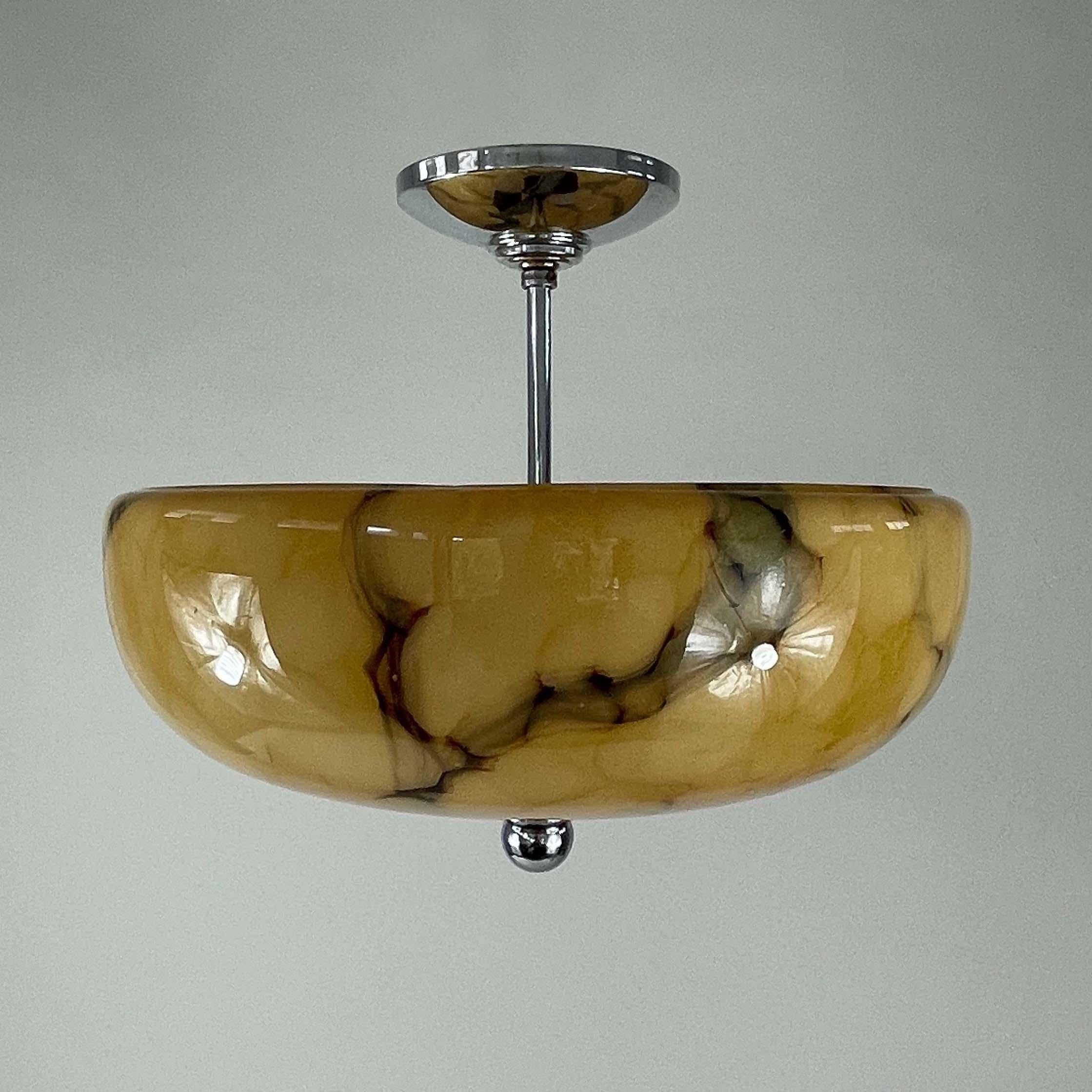 Art Deco Marbled Opaline Glass & Chrome Semi Flush Mount, Germany 1930s 3