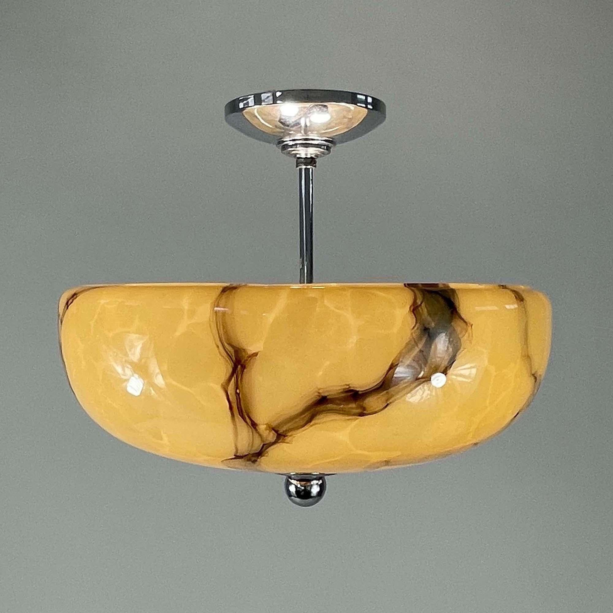 Art Deco Marbled Opaline Glass & Chrome Semi Flush Mount, Germany 1930s 4