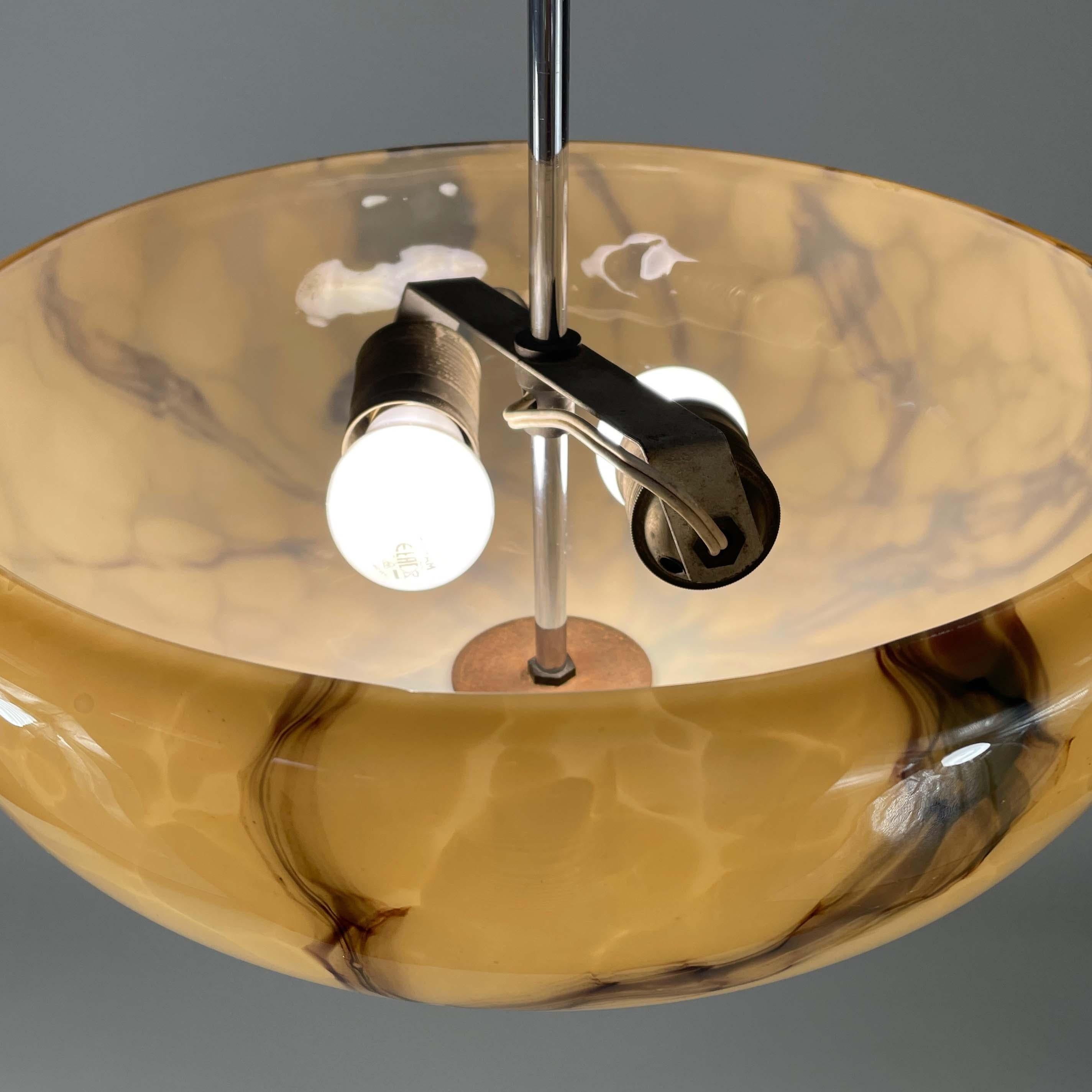 Art Deco Marbled Opaline Glass & Chrome Semi Flush Mount, Germany 1930s 5