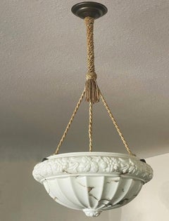 Art Deco Marbled Opaline Glass Pendant with Leaf Reliefs, France, 1920-1930