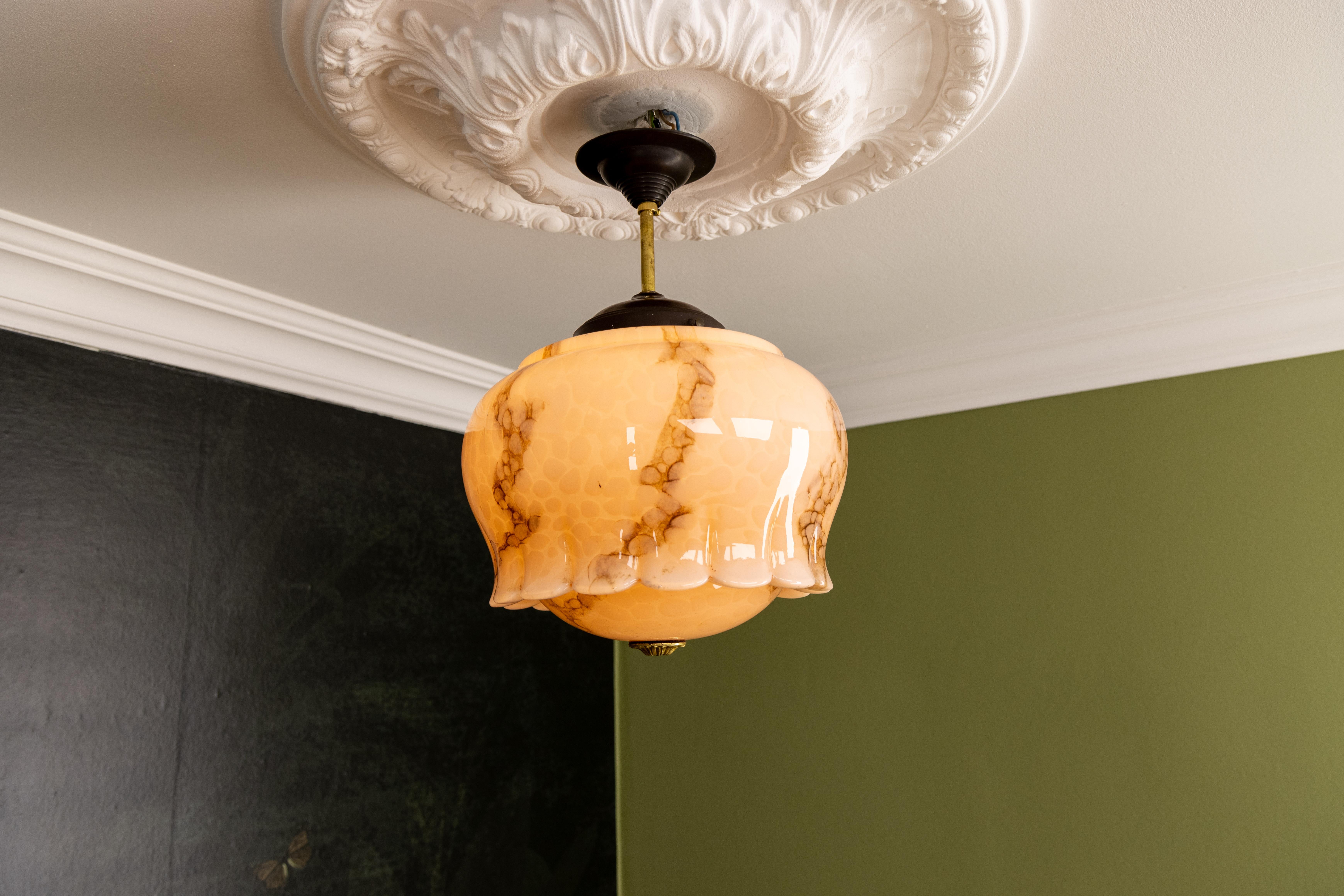 Art Deco Marbled Pale Pink and Brown Glass Pendant Light, Germany, 1930s 6