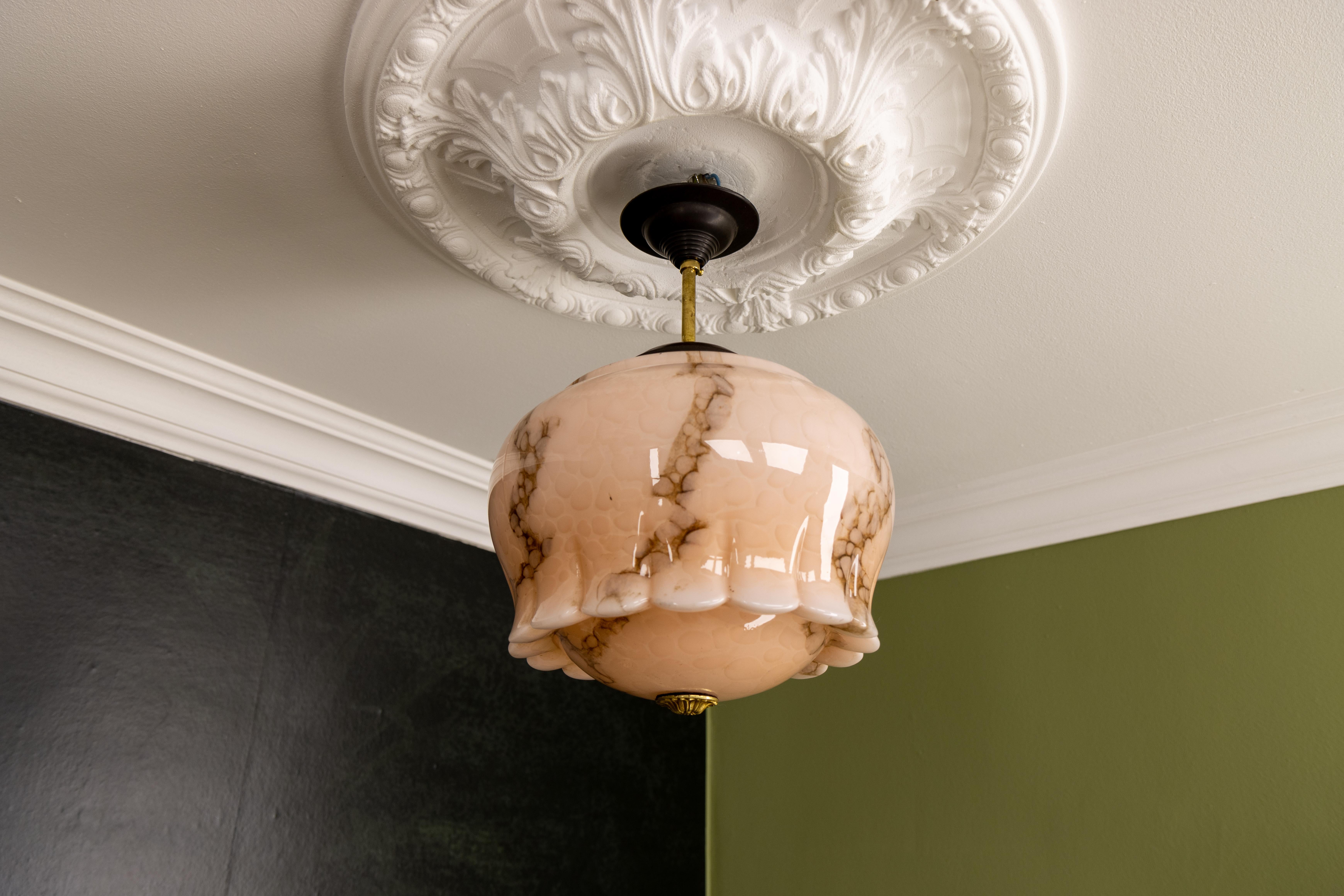 Art Deco Marbled Pale Pink and Brown Glass Pendant Light, Germany, 1930s 7
