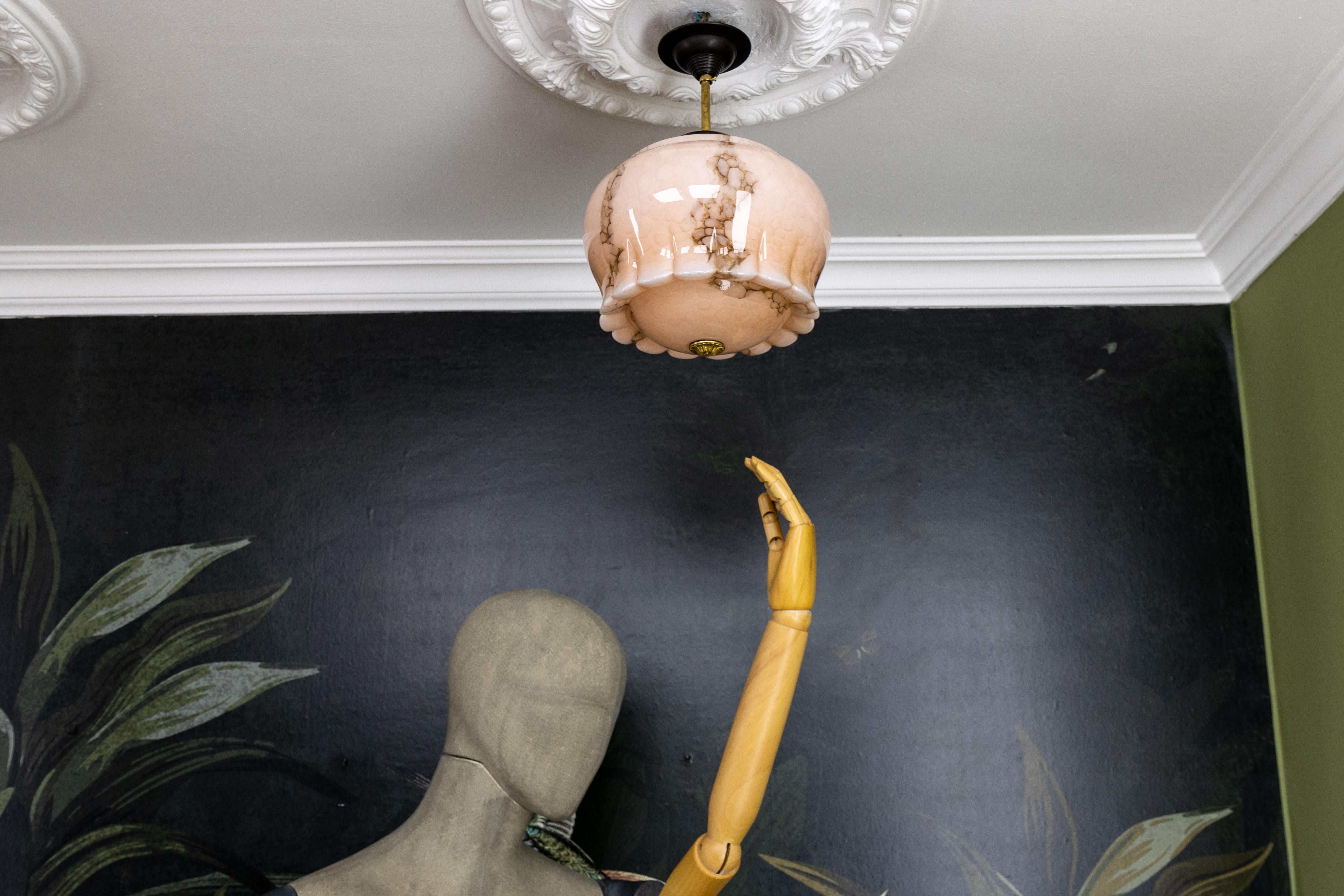 Art Deco Marbled Pale Pink and Brown Glass Pendant Light, Germany, 1930s 8
