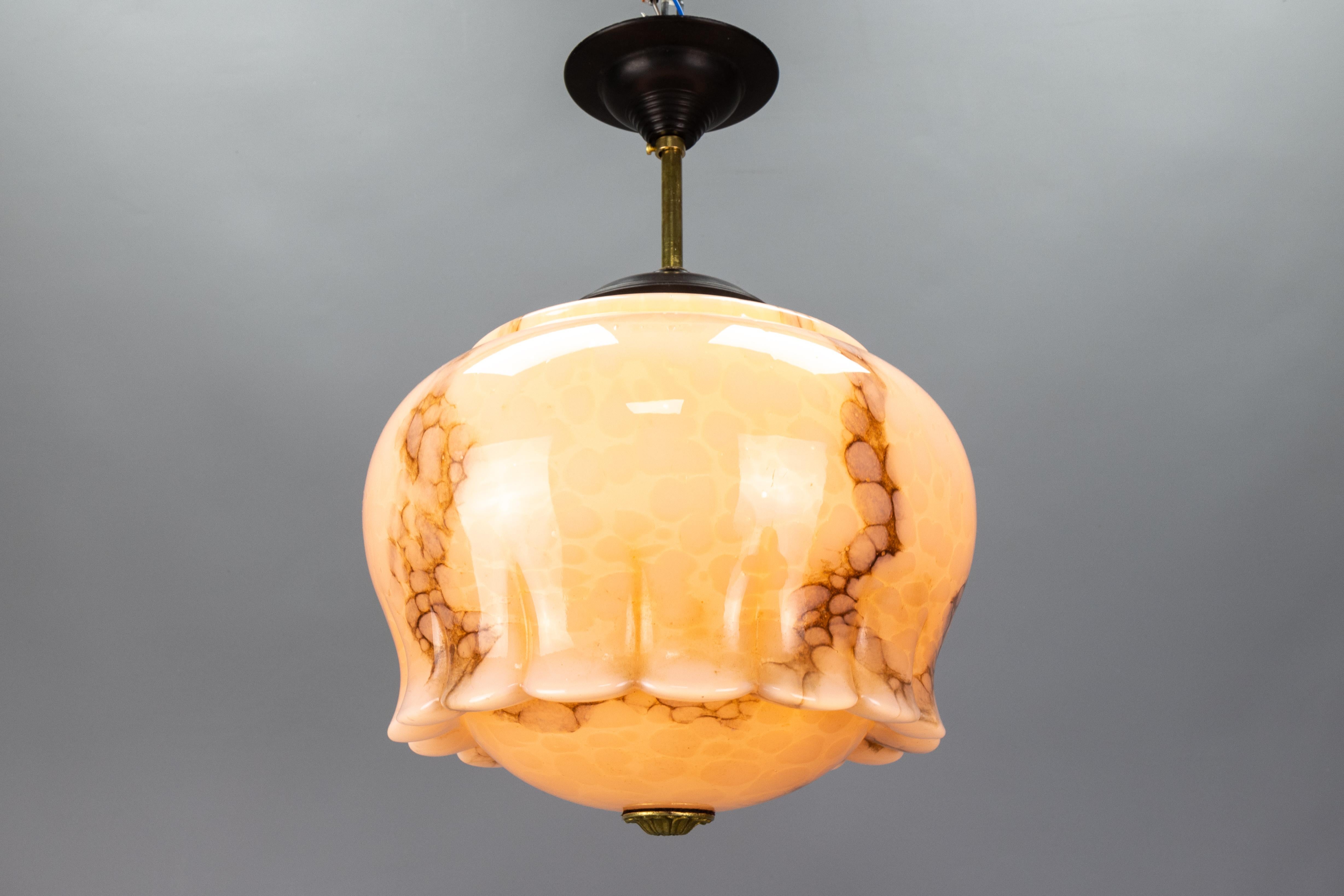 Art Deco Marbled Pale Pink and Brown Glass Pendant Light, Germany, 1930s In Good Condition In Barntrup, DE