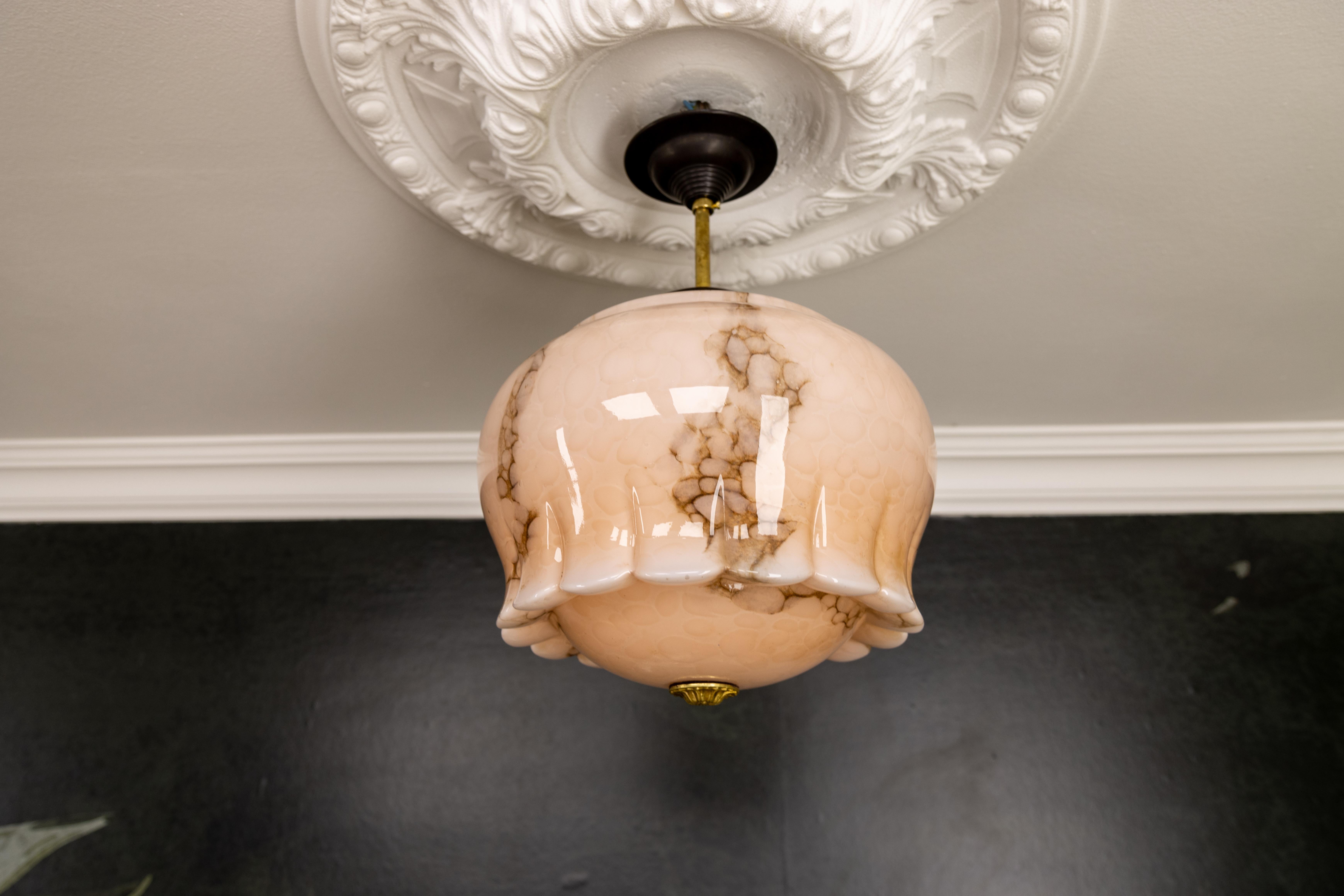 Mid-20th Century Art Deco Marbled Pale Pink and Brown Glass Pendant Light, Germany, 1930s