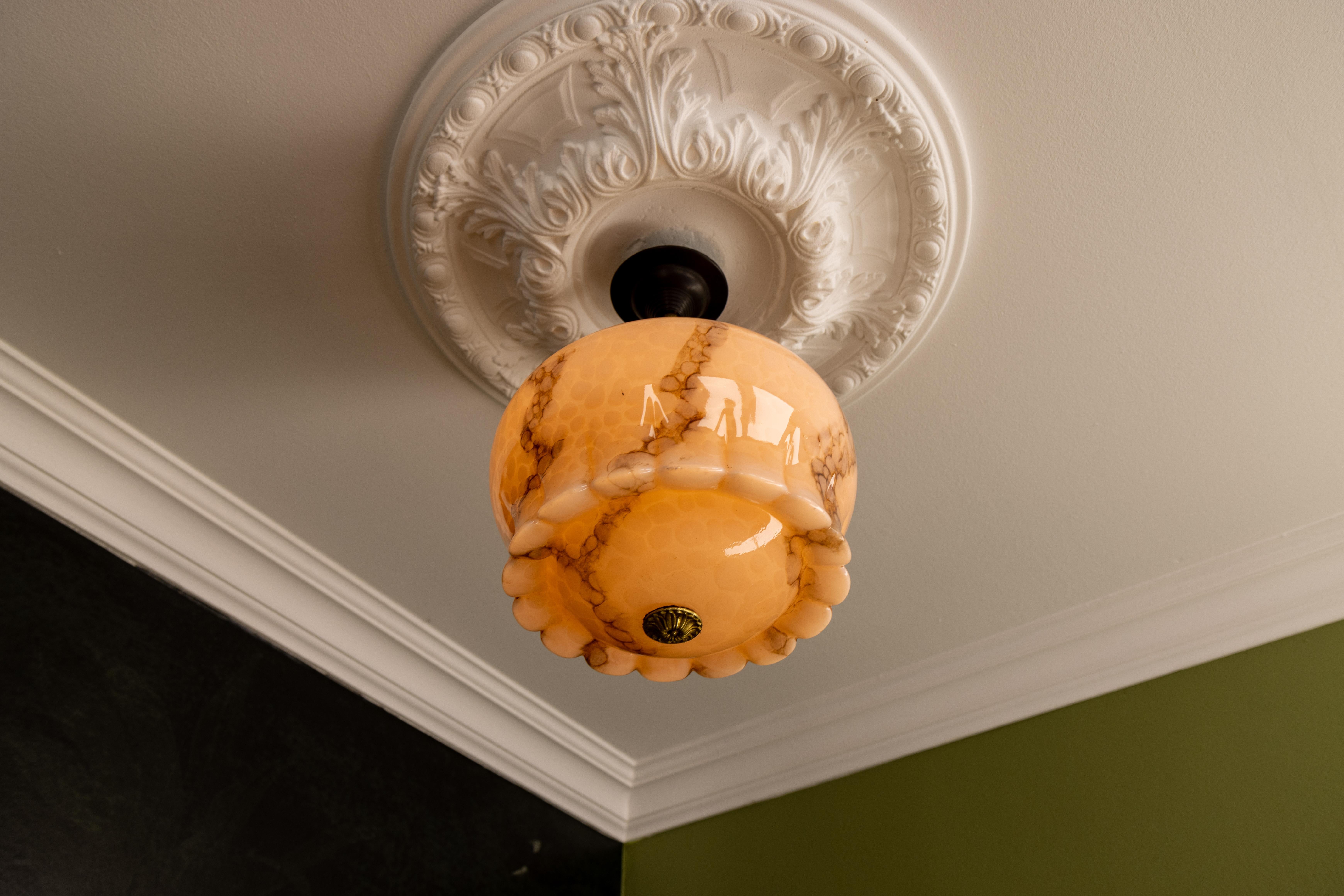 Art Deco Marbled Pale Pink and Brown Glass Pendant Light, Germany, 1930s 3