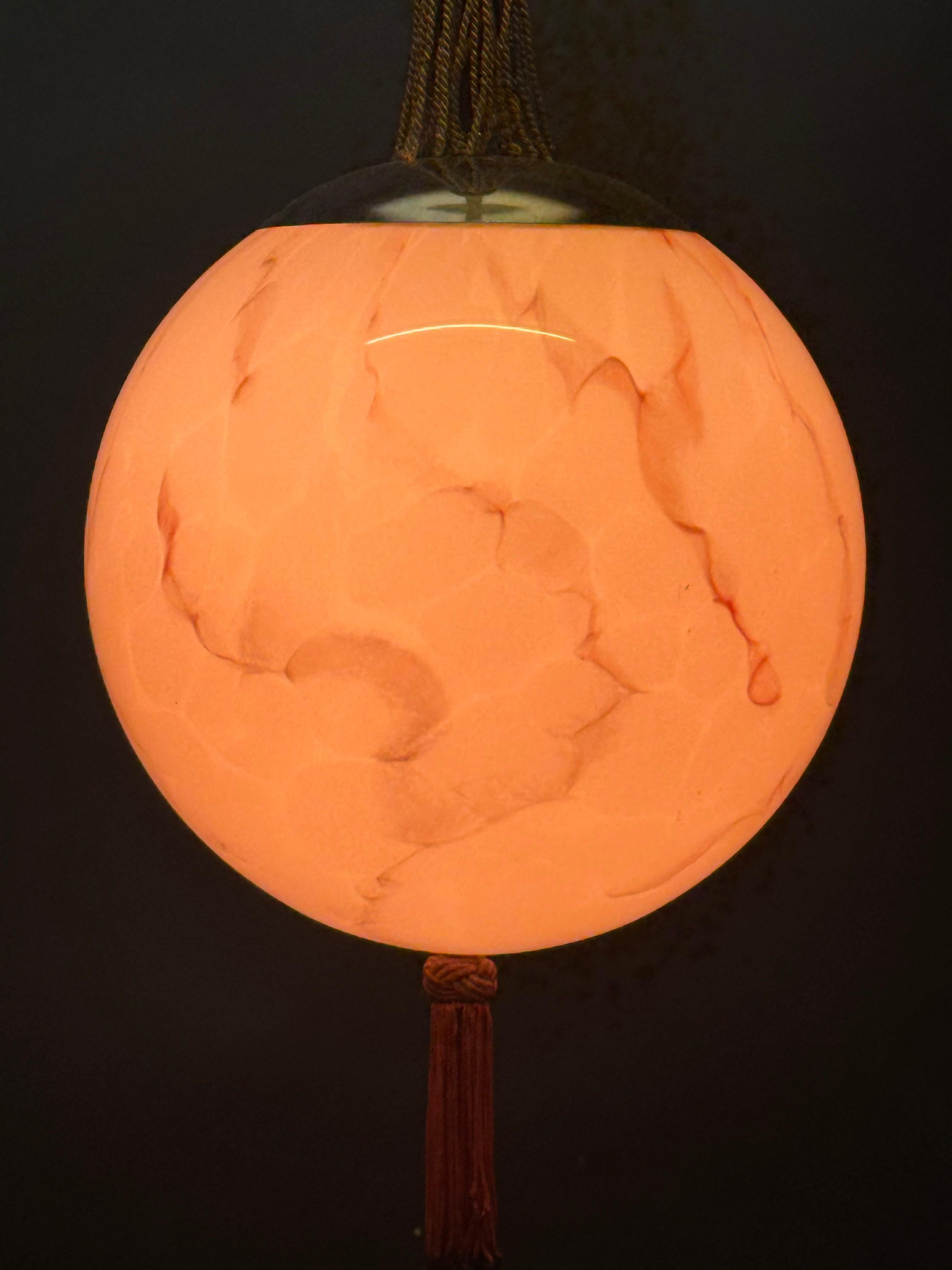 Art Deco Marbled Rose Opal Glass Globe Pendant , 1920s For Sale 2