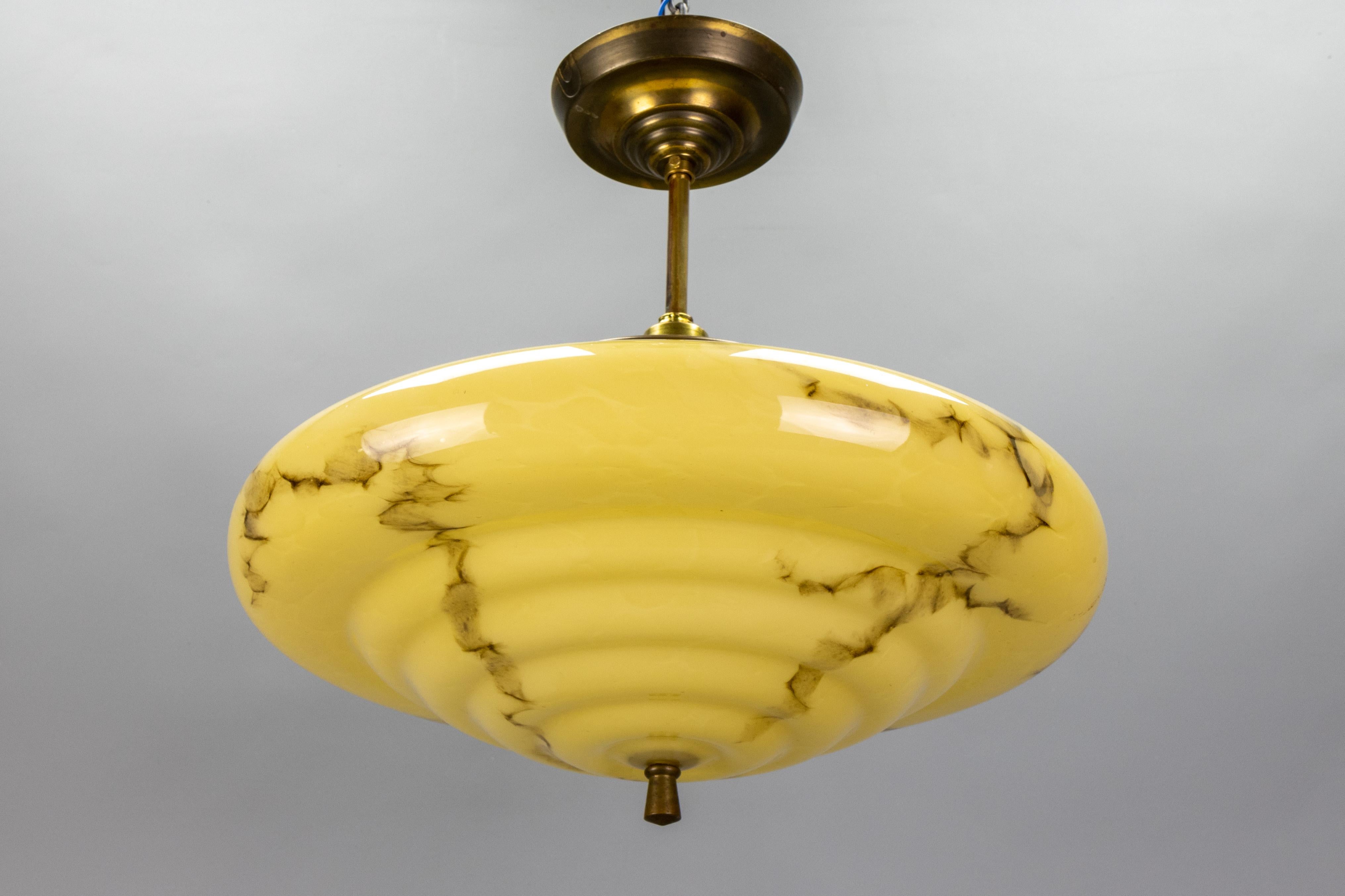 Art Deco Marbled Yellow and Brown Glass and Brass Pendant Light, 1930s For Sale 9